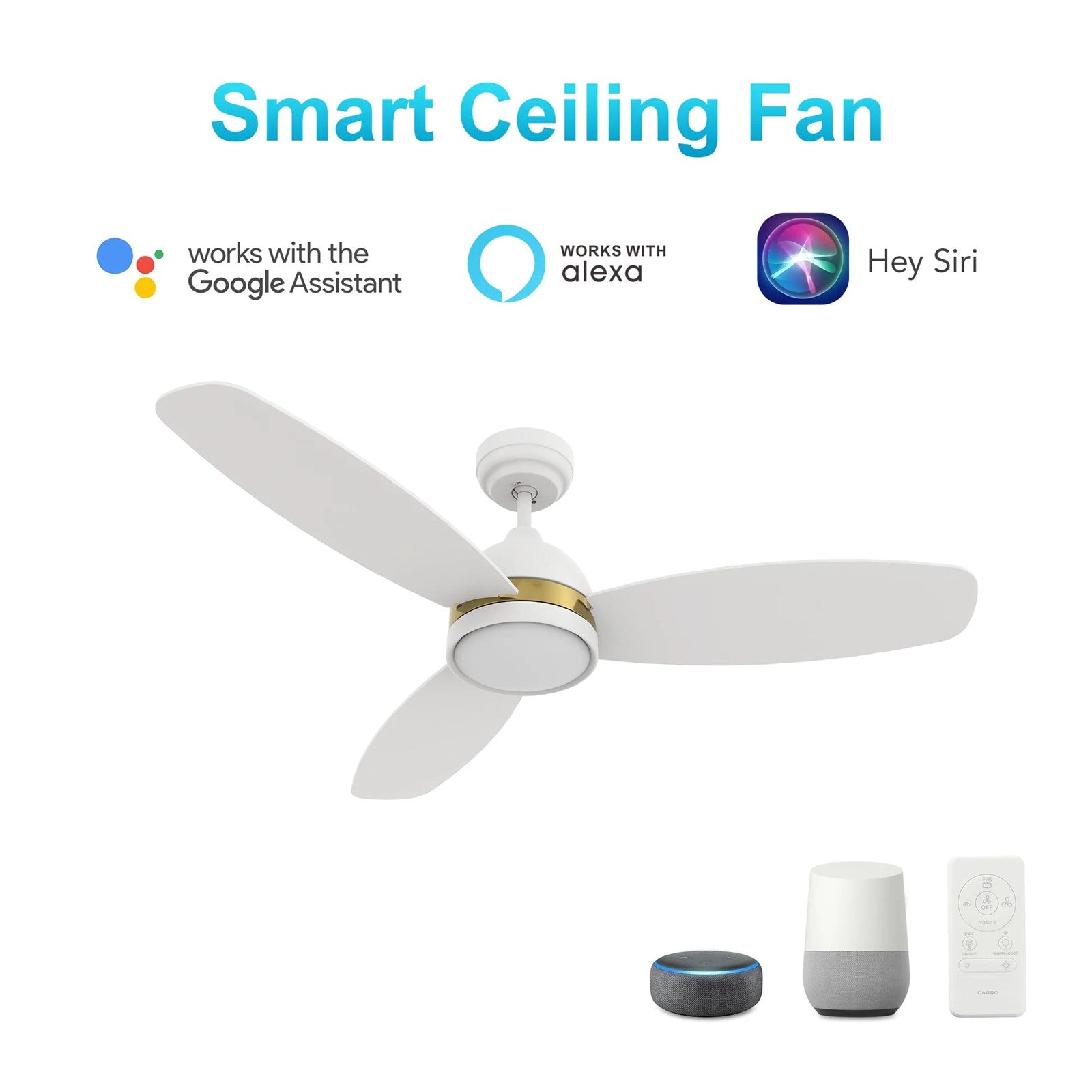 Carro Fremont 48in 3-Blade Smart Ceiling Fan | White Plywood | Living Room & Covered Patio | 48 x 48 x 14.6 in | Model SFR483Q5-L12-W1-1A