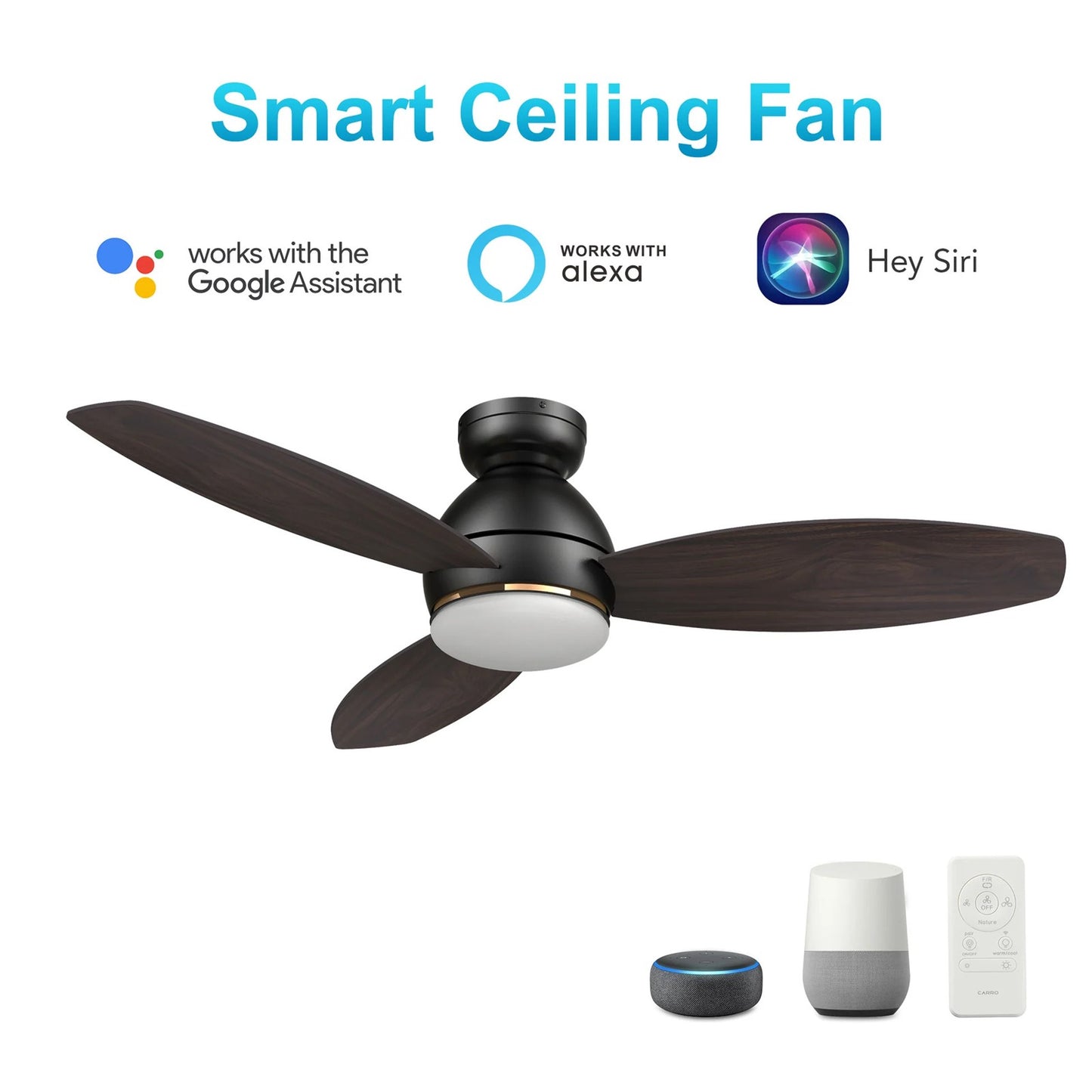 Carro Hobart 48in 3-Blade Flush Mount Smart Ceiling Fan | Black Barnwood Plywood Blades and Integrated LED | Large Living | Model SFR483Q6-L12-BG-1-FM