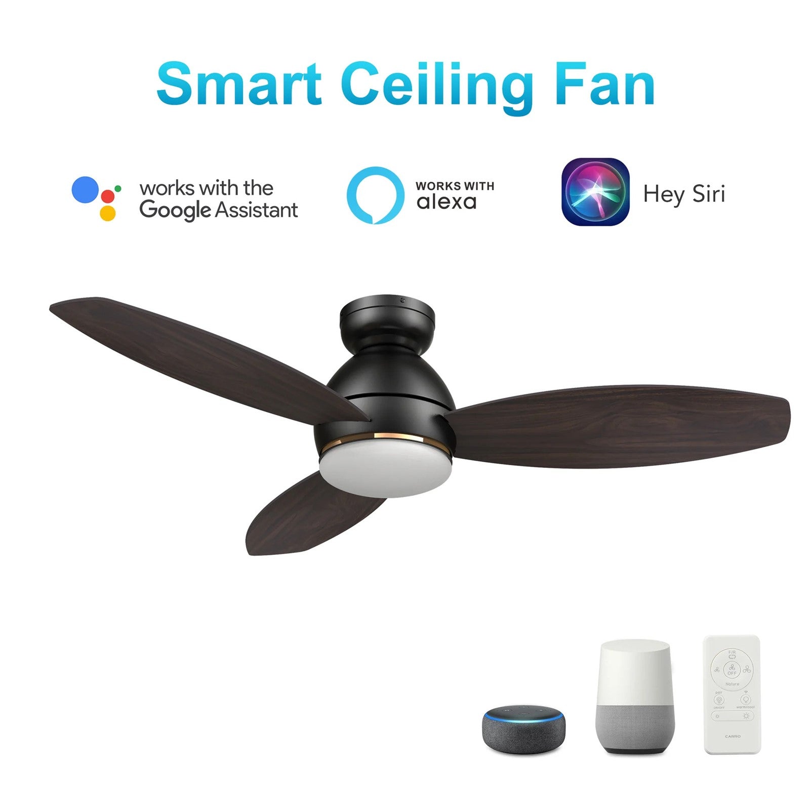 Carro Hobart 48in 3-Blade Flush Mount Smart Ceiling Fan | Black Barnwood Plywood Blades and Integrated LED | Large Living | Model SFR483Q6-L12-BG-1-FM
