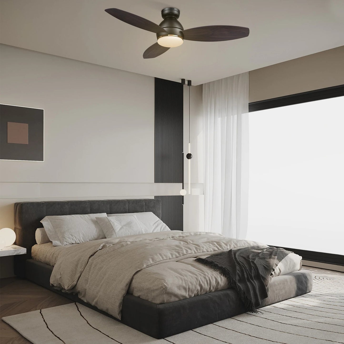 Carro Hobart 48in 3-Blade Flush Mount Smart Ceiling Fan | Black Barnwood Plywood Blades and Integrated LED | Large Living | Model SFR483Q6-L12-BG-1-FM