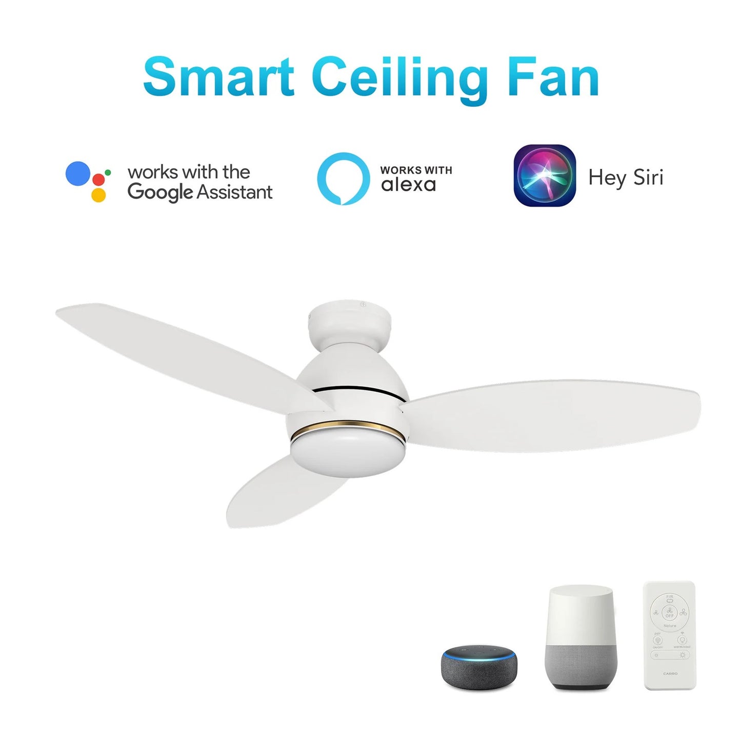 Carro Hobart 48in 3-Blade Flush Mount Smart Ceiling Fan | White Plywood Blades and Integrated LED | Large Living Room & | Model SFR483Q6-L12-W1-1-FM