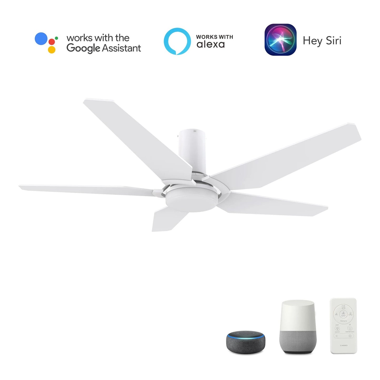 Carro Kaj 48in 5-Blade Smart Ceiling Fan | White Plywood Blades and Glass Shade | Living Room & Covered Patio | 48 x 48 x 12 in | Model SFR485B-L22-W1-1-FM