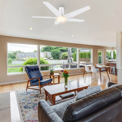 Carro Kaj 48in 5-Blade Smart Ceiling Fan | White Plywood Blades and Glass Shade | Living Room & Covered Patio | 48 x 48 x 12 in | Model SFR485B-L22-W1-1-FM