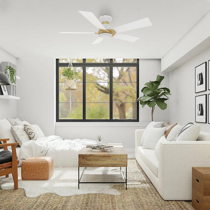 Carro Ascender 48in 5-Blade Flush Mount Smart Ceiling Fan | Modern White and Gold Finish Plywood | Living Room & Covered | Model SFR485J1-L11-W1-1G-FMA