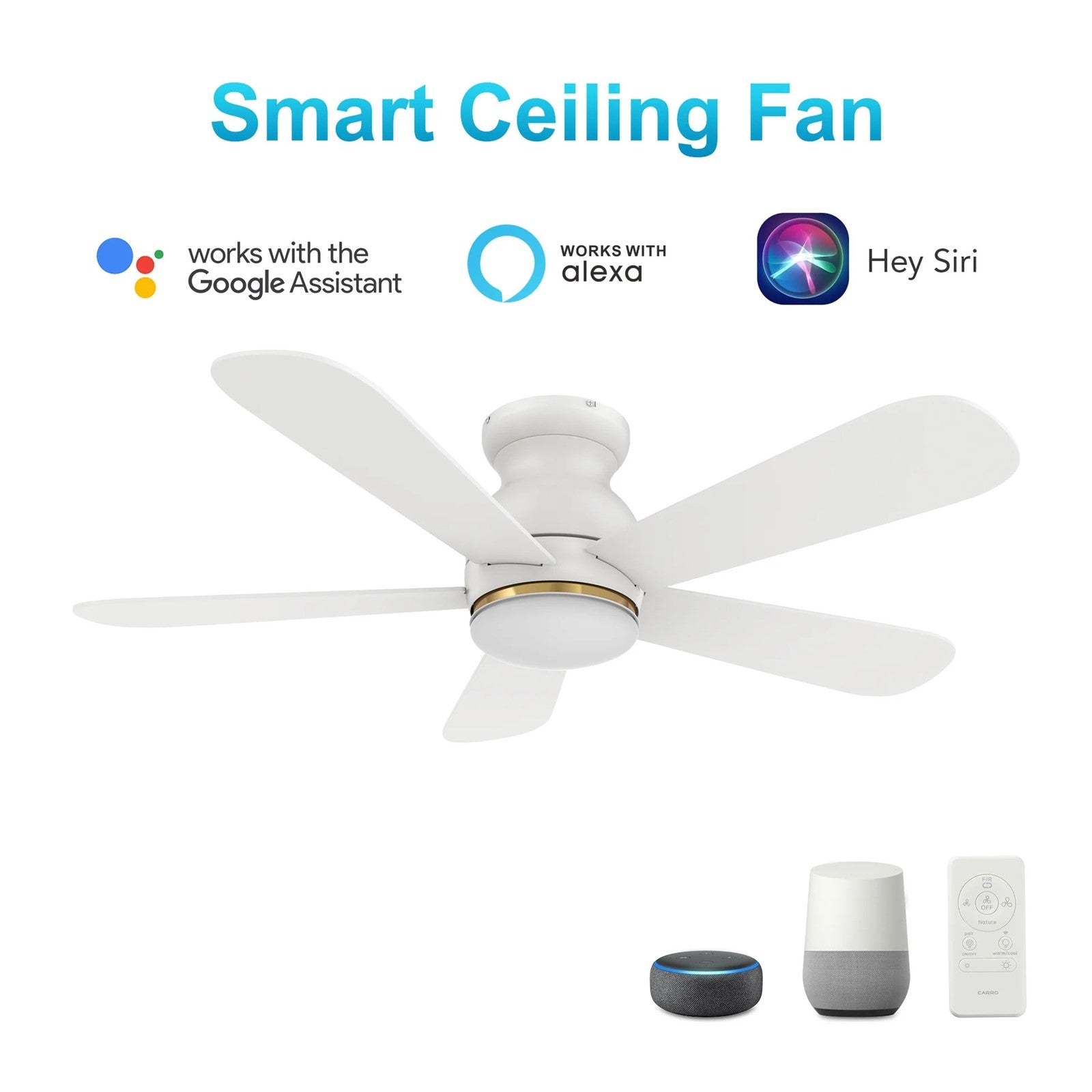 Carro Dubois 48in 5-Blade Flush Ceiling Fan | White Plywood and Integrated LED | Living Room & Covered Patio | 48 x 48 x 12.4 | Model SFR485Q-L12-W1-1-FM