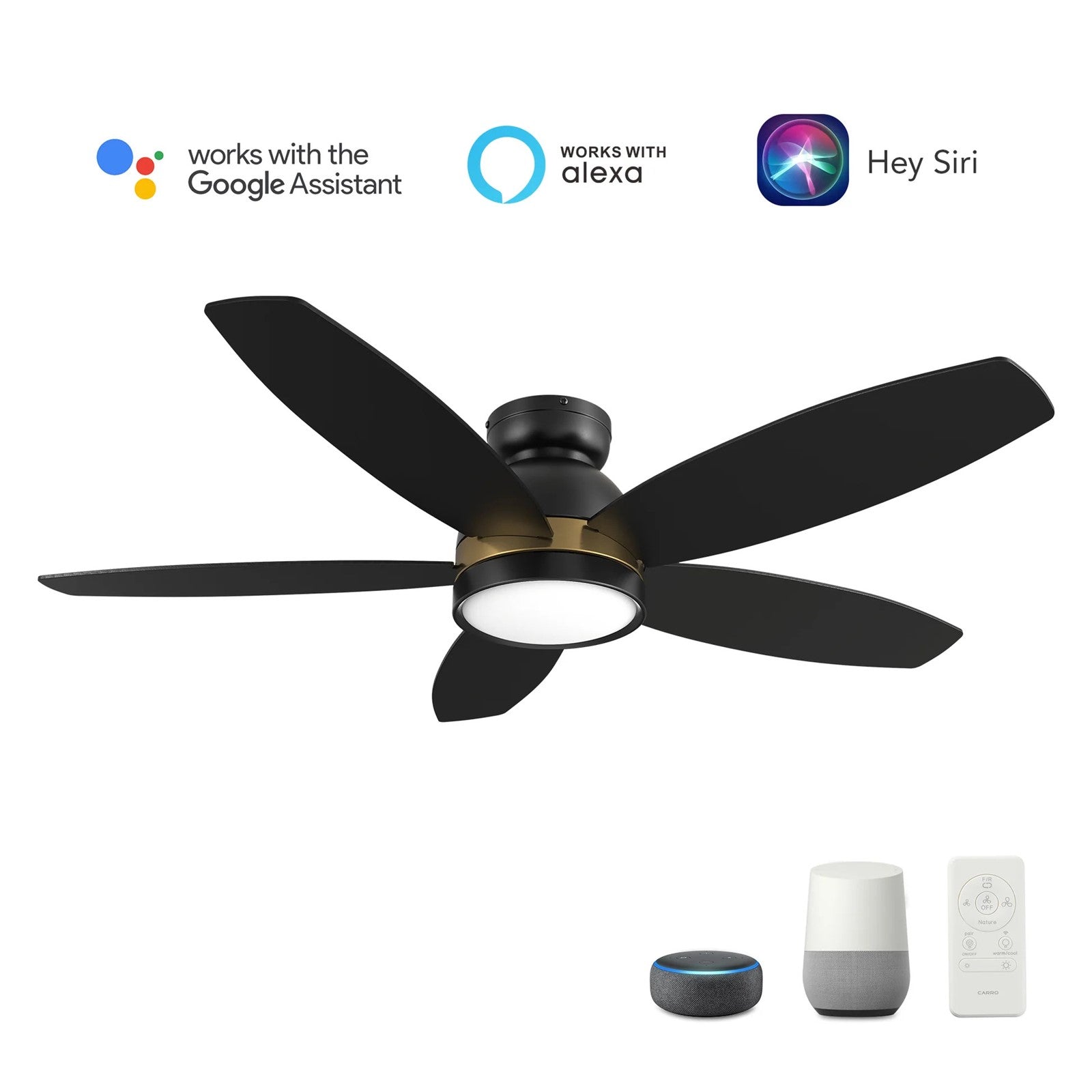Carro Fremont 48in 5-Blade Flush Mount Smart Ceiling Fan | Modern Black Gold Finish Plywood | Living Room & Covered Patio | Model SFR485Q5-L12-B2-1-FMA