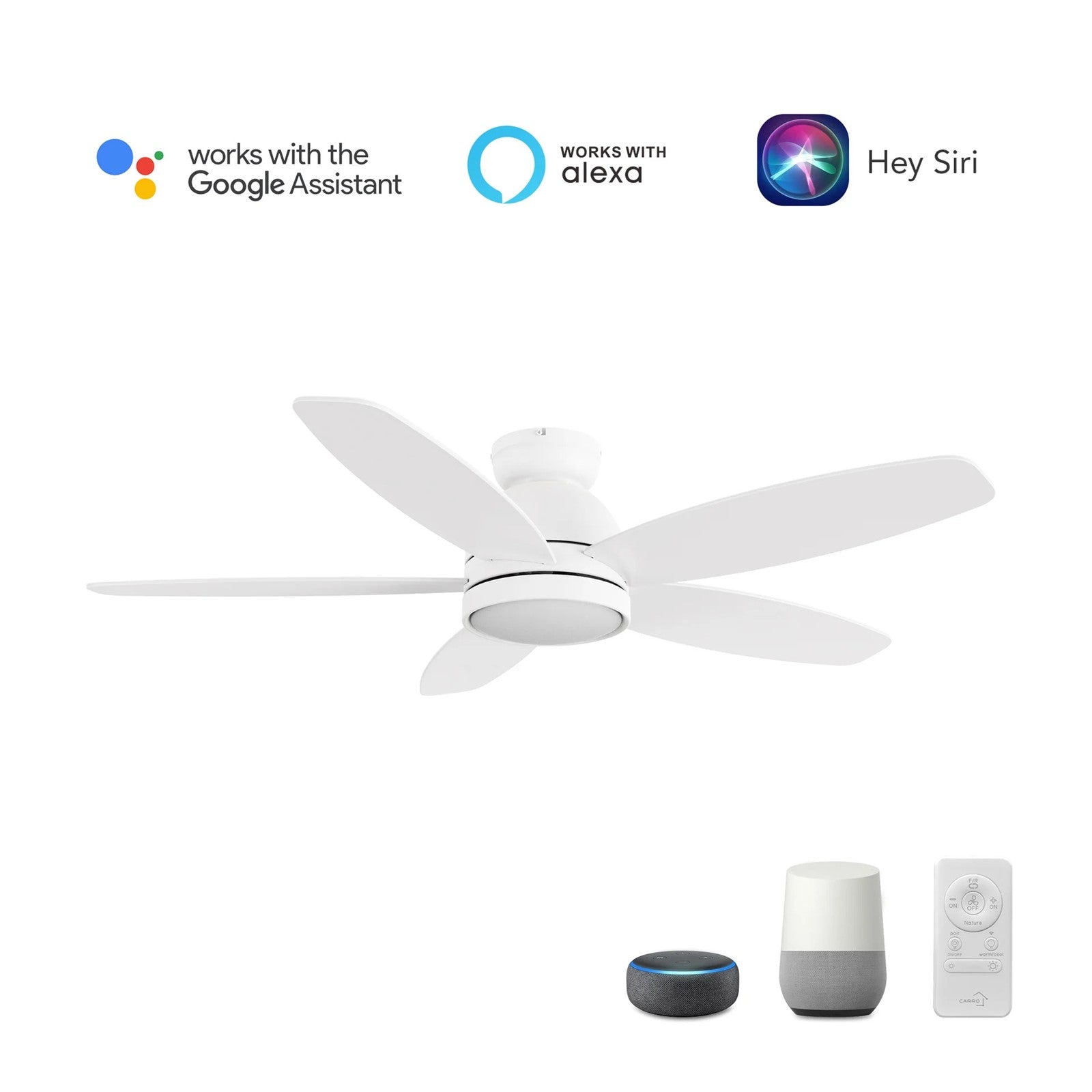 Carro Fremont 48in 5-Blade Flush Mount Smart Ceiling Fan | Modern White Finish Plywood | Living Room & Covered Patio | 48 x | Model SFR485Q5-L12-W1-1-FM