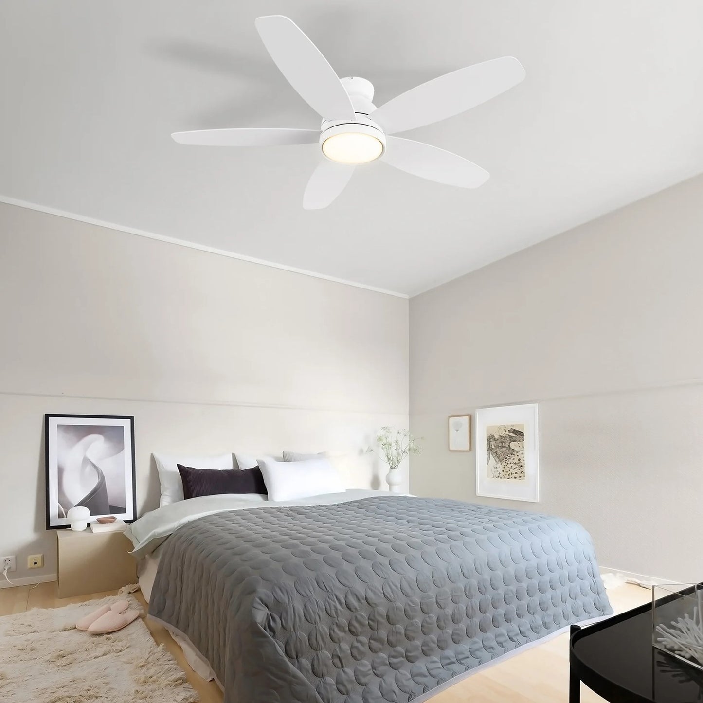 Carro Fremont 48in 5-Blade Flush Mount Smart Ceiling Fan | Modern White Finish Plywood | Living Room & Covered Patio | 48 x | Model SFR485Q5-L12-W1-1-FM
