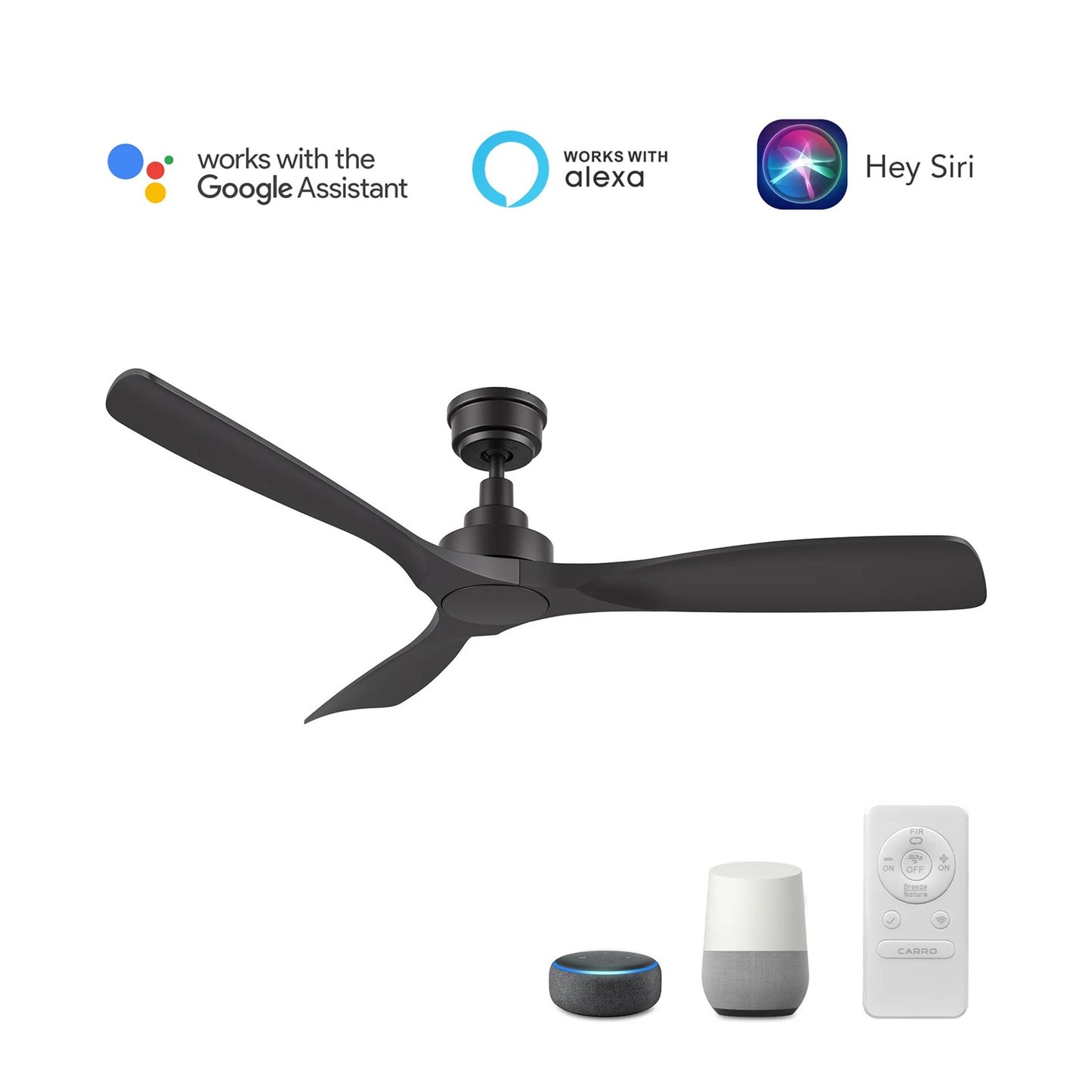 Carro Kiama 52in 3-Blade Smart Ceiling Fan | Black ABS Blades with Remote | Living Room & Bedroom | 52 x 52 x 11.7 in, Standard | Model SFR523A-N10-B2-1
