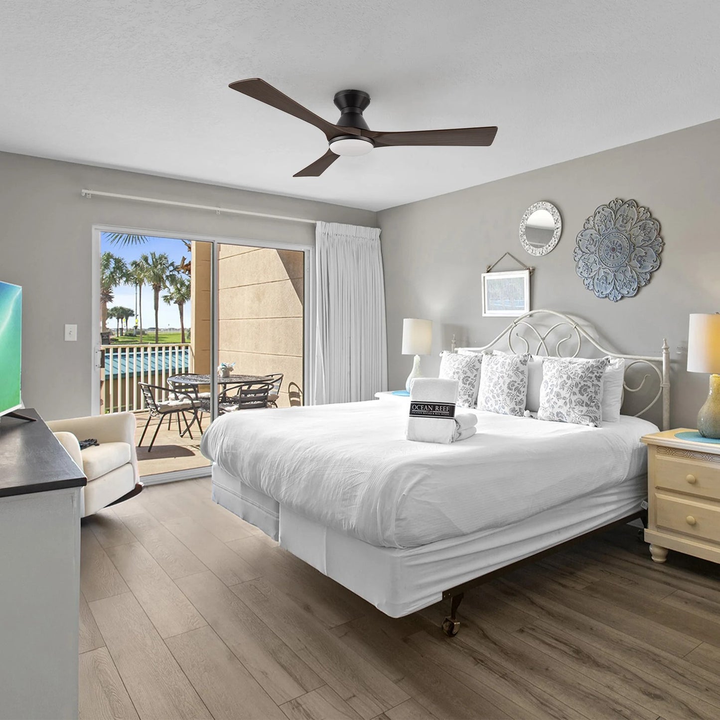 Carro Nicolet 52in Flush Mount Smart Ceiling Fan | Black Sambuca Solid Wood Blades | Living Room & Covered Patio | 52 x 52 x | Model SFR523A2-L12-BM4-1-FM