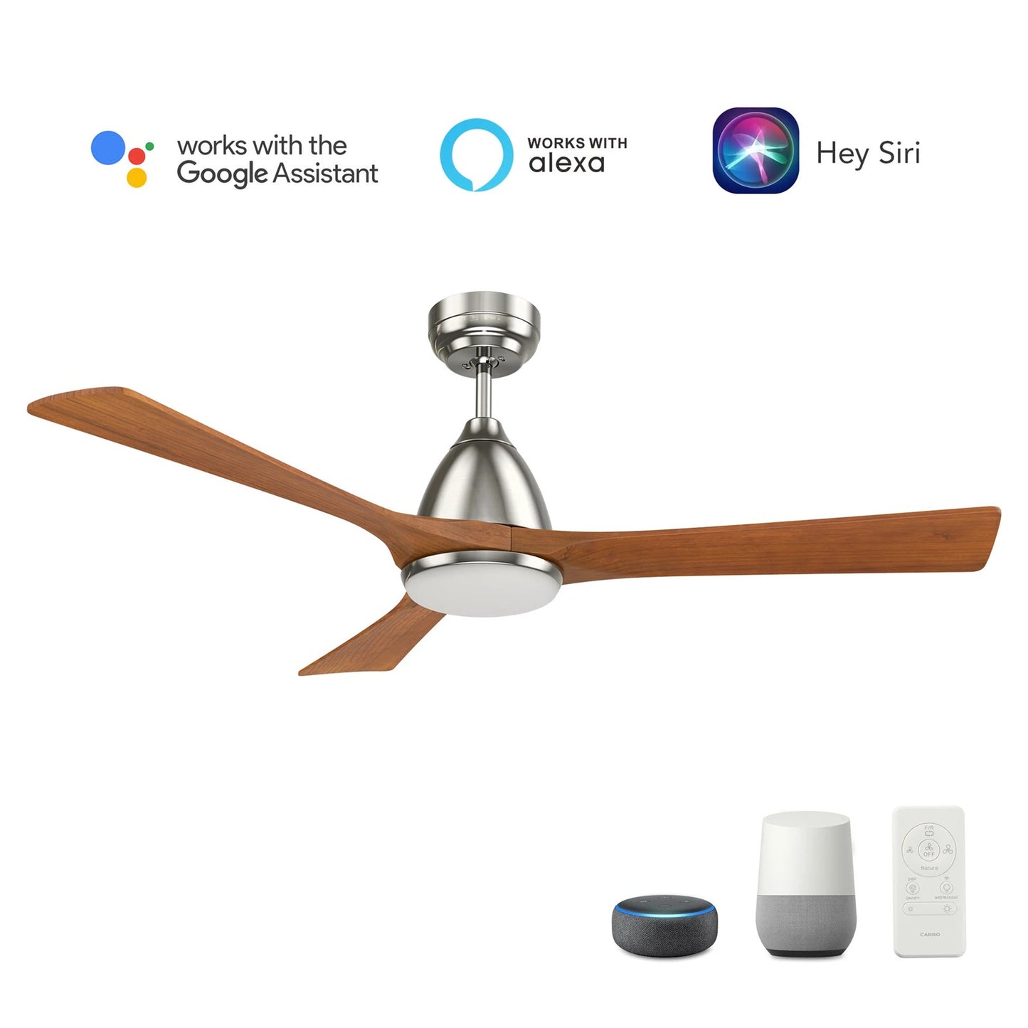 Carro Nicolet 52in 3-Blade Smart Ceiling Fan | Brushed Nickel and Antique Walnut Solid Wood Blades | Living Room & Covered | Model SFR523A2-L12-SM2-1