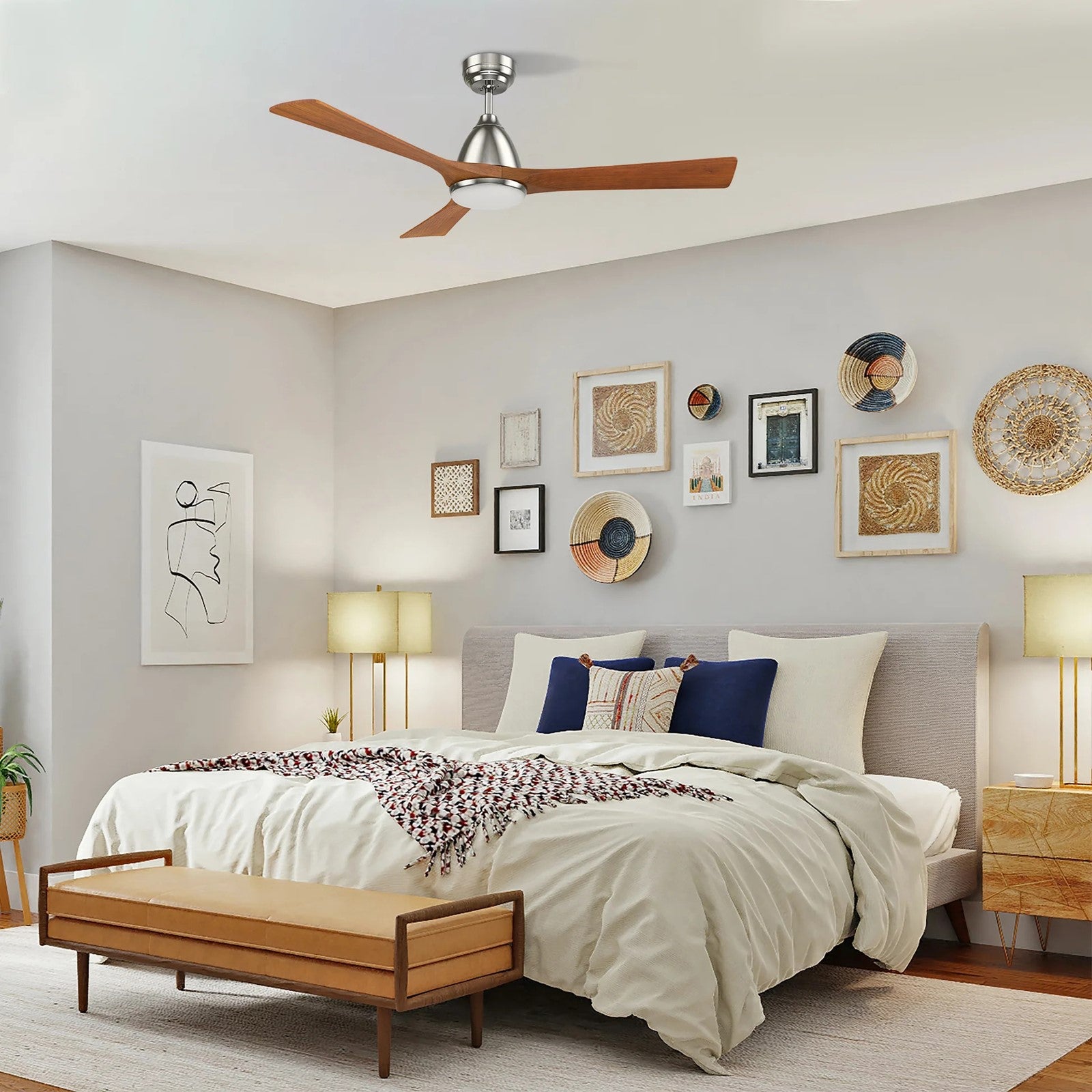 Carro Nicolet 52in 3-Blade Smart Ceiling Fan | Brushed Nickel and Antique Walnut Solid Wood Blades | Living Room & Covered | Model SFR523A2-L12-SM2-1