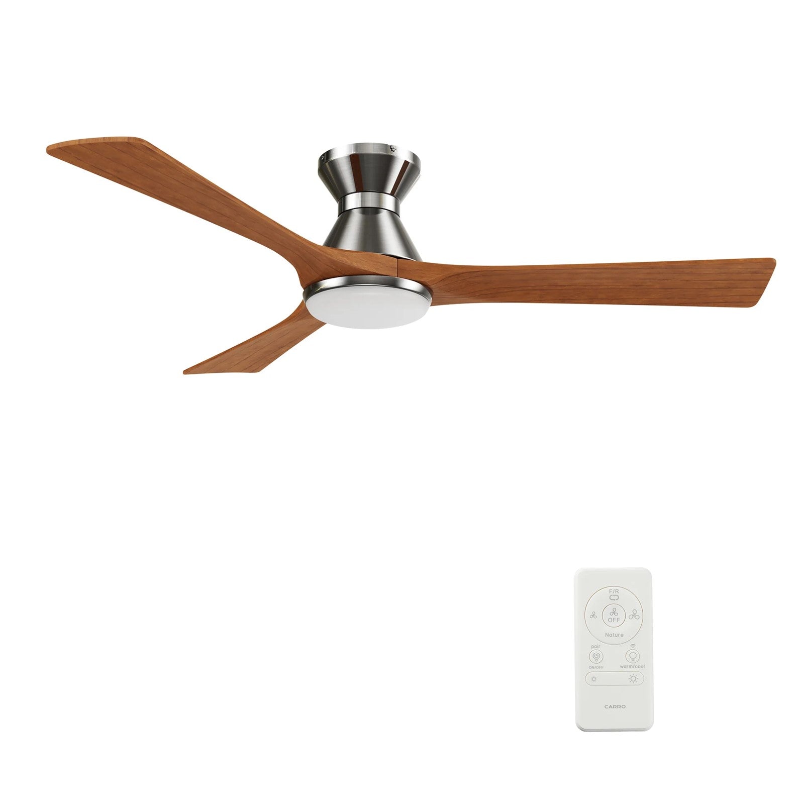 Carro Nicolet 52in 3-Blade Flush Mount Smart Ceiling Fan | Brushed Nickel and Antique Walnut Solid Wood Blades | Living Room | Model SFR523A2-L12-SM2-1-FM
