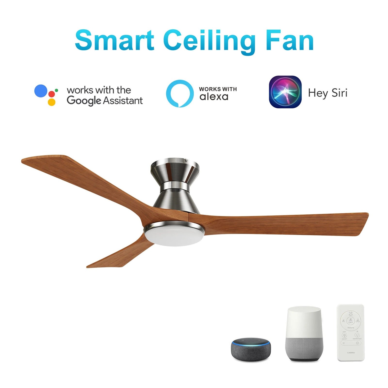 Carro Nicolet 52in 3-Blade Flush Mount Smart Ceiling Fan | Brushed Nickel and Antique Walnut Solid Wood Blades | Living Room | Model SFR523A2-L12-SM2-1-FM
