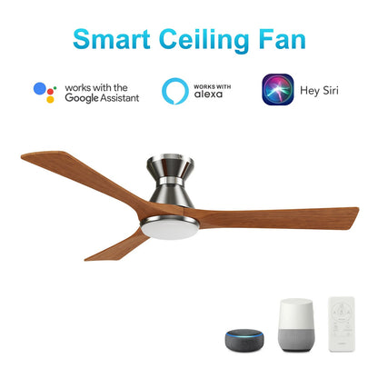 Carro Nicolet 52in 3-Blade Flush Mount Smart Ceiling Fan | Brushed Nickel and Antique Walnut Solid Wood Blades | Living Room | Model SFR523A2-L12-SM2-1-FM