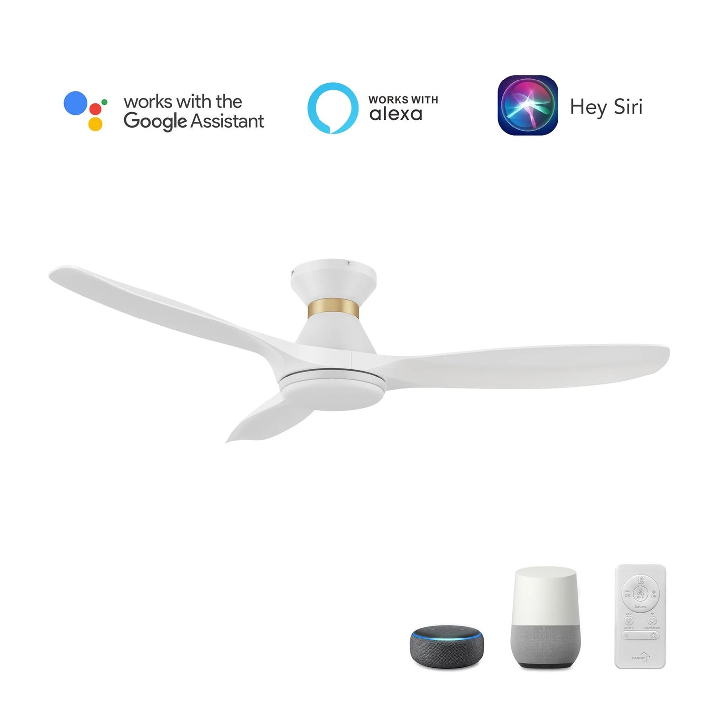 Carro Merton 52in 3-Blade Smart Ceiling Fan | White ABS Blades with Integrated LED | Living Room & Great Room | 52 x 52 x 11 | Model SFR523A4-L12-W1-1-FMA