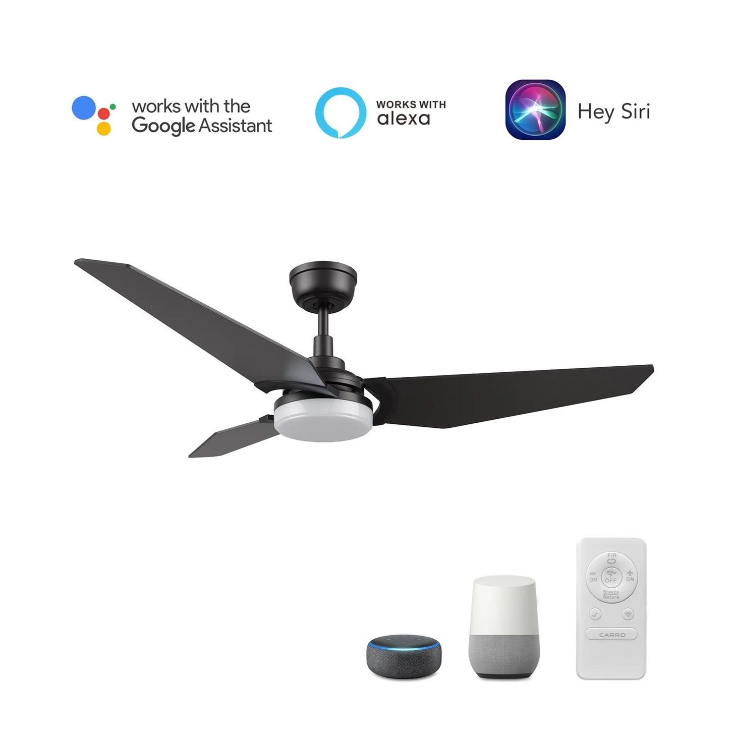 Carro Kaj 52in 3-Blade Smart Ceiling Fan | Black Plywood Blades and Integrated LED | Living Room & Covered Patio | 52 x 52 x 13.4 | Model SFR523B-L12-B2-1