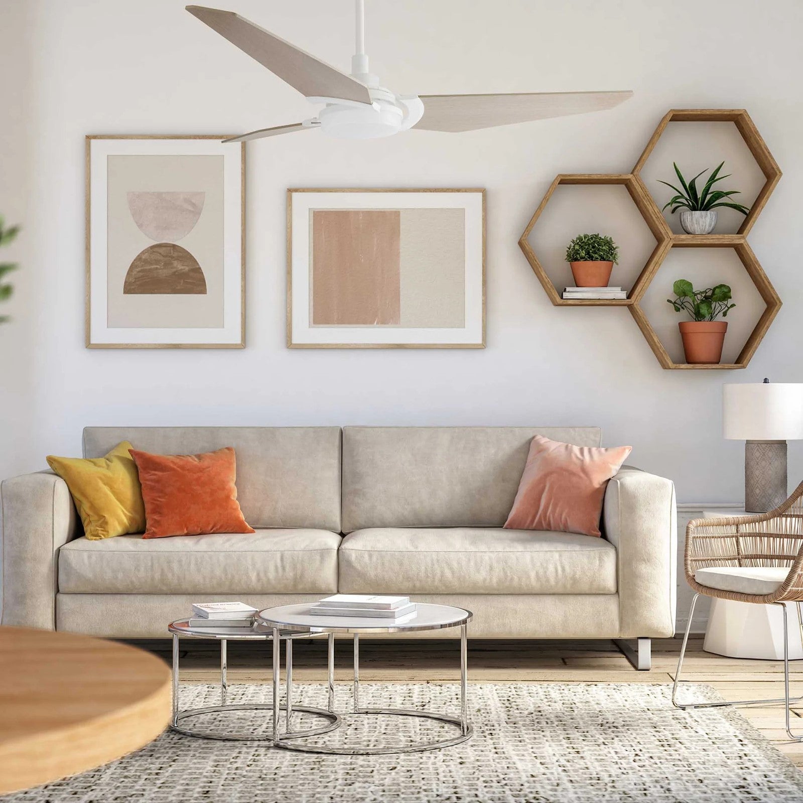 Carro Kaj 52in 3-Blade Smart Ceiling Fan | Modern White Chestnut Plywood Blades | Living Room & Covered Patio | 52 x 52 x 13.4 | Model SFR523B-L12-W6-1