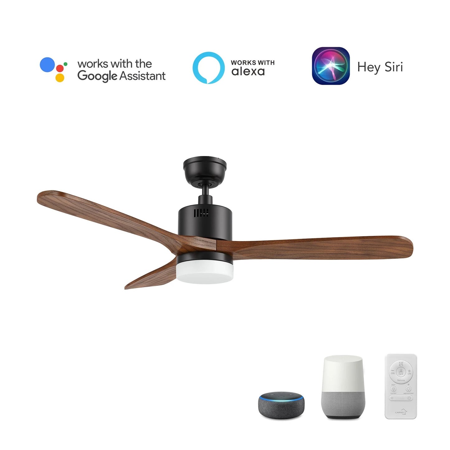 Carro Palmer 52in 3-Blade Smart Ceiling Fan | Modern Black Solid Wood Blades | Living Room & Covered Patio | 52 x 52 x 15.5 in | Model SFR523E4-L12-BM2-1