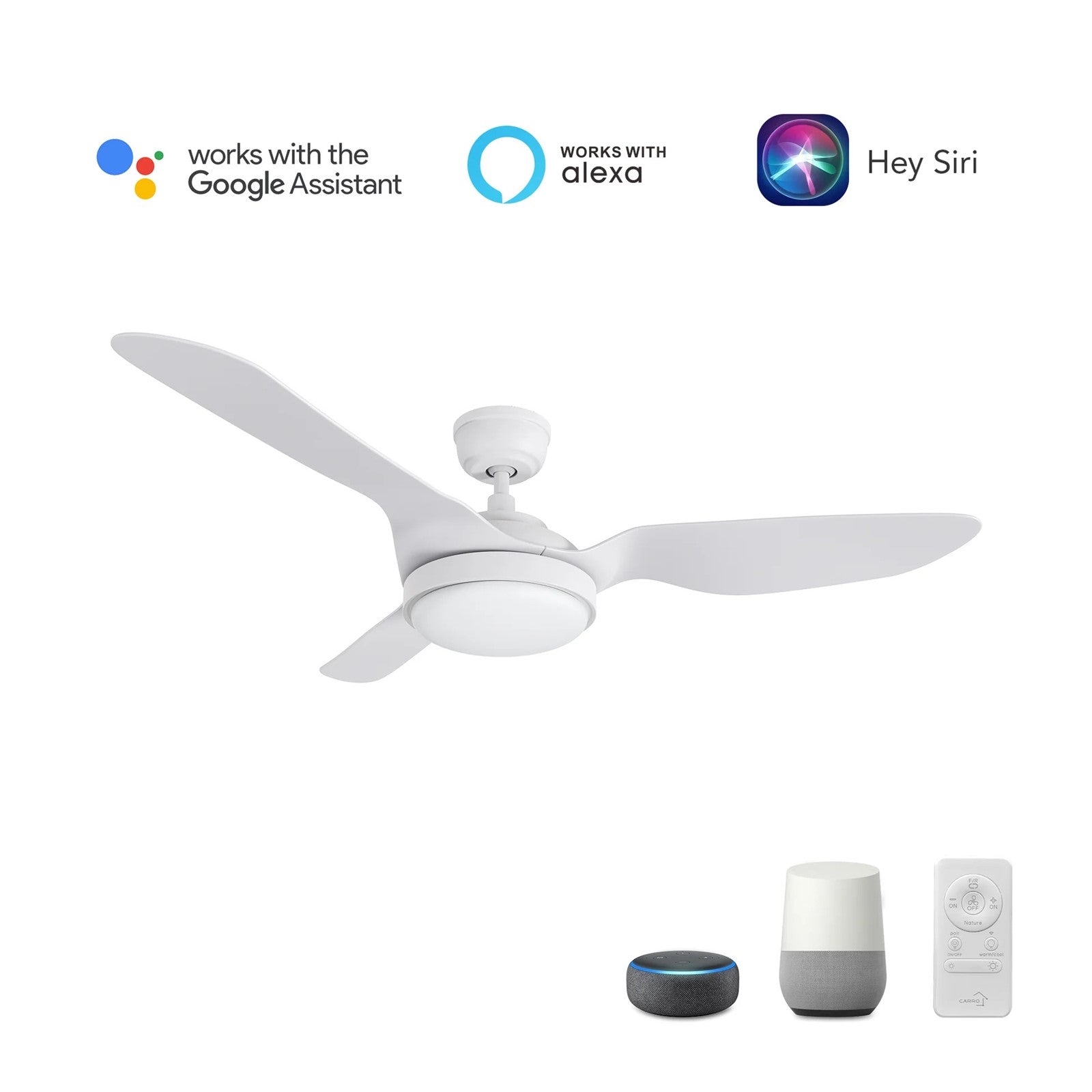 Carro Vena 52in 3-Blade Smart Ceiling Fan | Modern White PP Blades | Living Room & Covered Patio | 13.6 x 52 x 52 in | Model SFR523F2-L12-W1-1