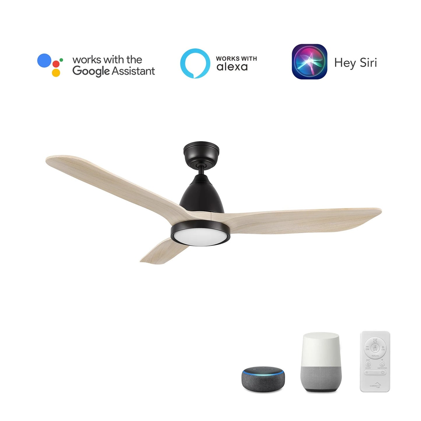 Carro Garrick 52in 3-Blade Smart Ceiling Fan | Modern Black Whitewashed Solid Wood Blades | Living Room & Covered Patio | 15.6 | Model SFR523F3-L12-BM1-1