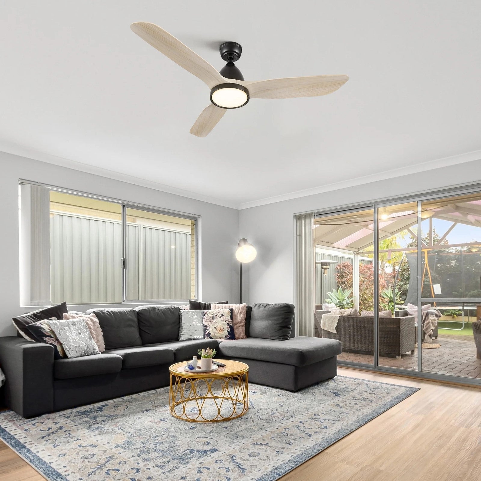 Carro Garrick 52in 3-Blade Smart Ceiling Fan | Modern Black Whitewashed Solid Wood Blades | Living Room & Covered Patio | 15.6 | Model SFR523F3-L12-BM1-1