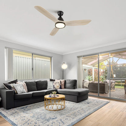 Carro Garrick 52in 3-Blade Smart Ceiling Fan | Modern Black Whitewashed Solid Wood Blades | Living Room & Covered Patio | 15.6 | Model SFR523F3-L12-BM1-1