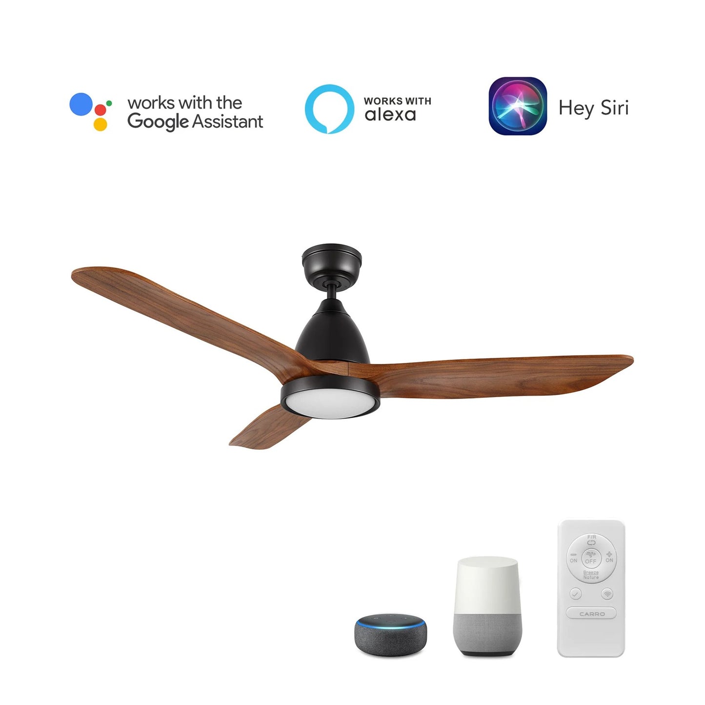 Carro Garrick 52in 3-Blade Smart Ceiling Fan | Modern Black Antique Walnut Solid Wood Blades | Living Room & Covered Patio | Model SFR523F3-L12-BM2-1