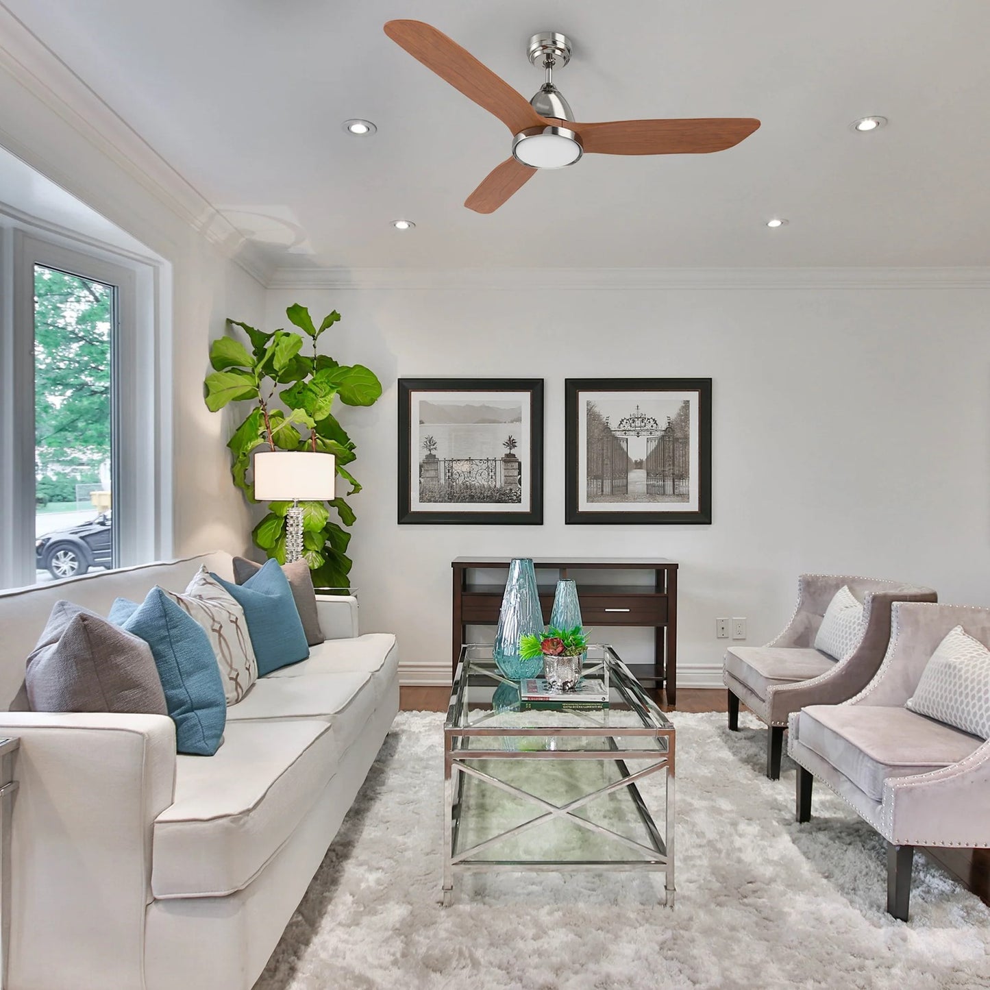 Carro Garrick 52in 3-Blade Smart Ceiling Fan | Brushed Nickel Solid Wood Blades and Integrated LED | Living Room & Covered | Model SFR523F3-L12-SM2-1