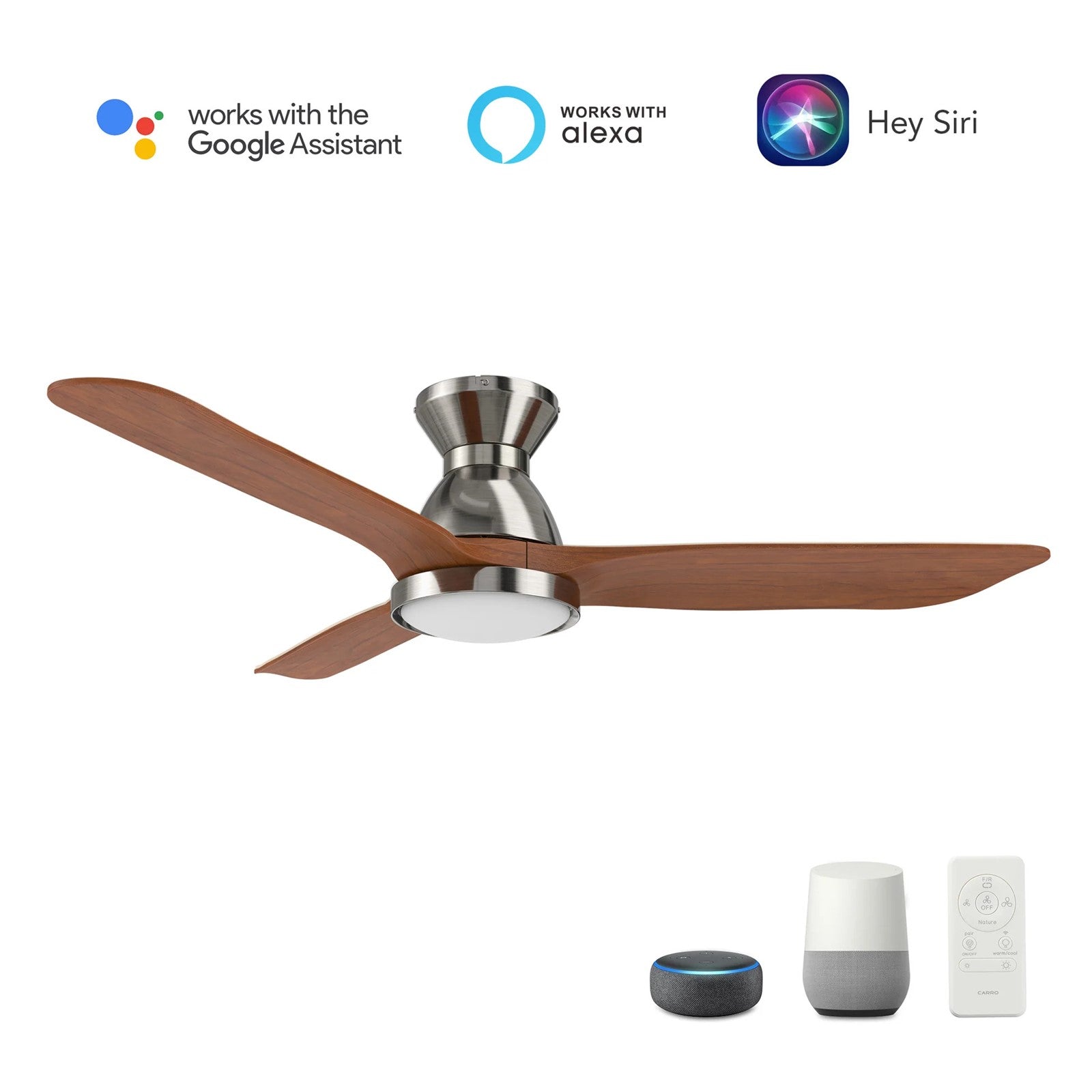Carro Garrick 52in 3-Blade Flush Mount Smart Ceiling Fan | Brushed Nickel Solid Wood Blades and Integrated LED | Living Room | Model SFR523F3-L12-SM2-1-FM
