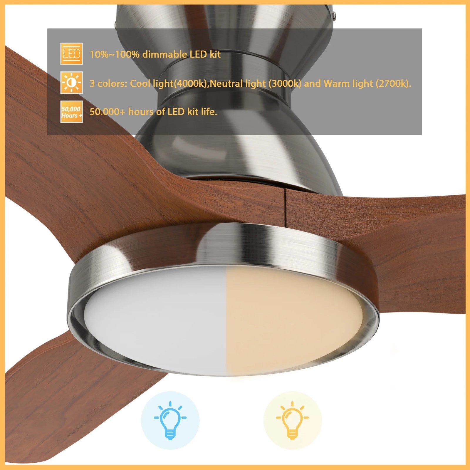 Carro Garrick 52in 3-Blade Flush Mount Smart Ceiling Fan | Brushed Nickel Solid Wood Blades and Integrated LED | Living Room | Model SFR523F3-L12-SM2-1-FM