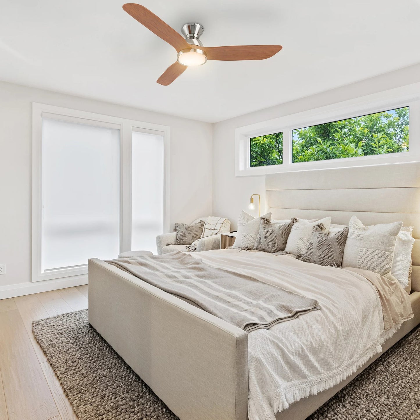 Carro Garrick 52in 3-Blade Flush Mount Smart Ceiling Fan | Brushed Nickel Solid Wood Blades and Integrated LED | Living Room | Model SFR523F3-L12-SM2-1-FM