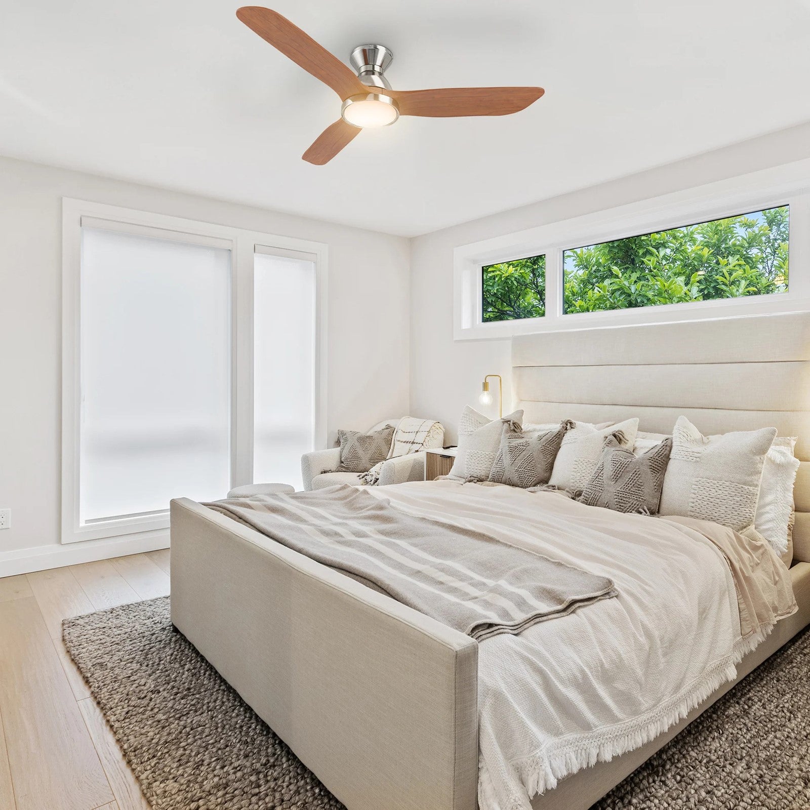Carro Garrick 52in 3-Blade Flush Mount Smart Ceiling Fan | Brushed Nickel Solid Wood Blades and Integrated LED | Living Room | Model SFR523F3-L12-SM2-1-FM