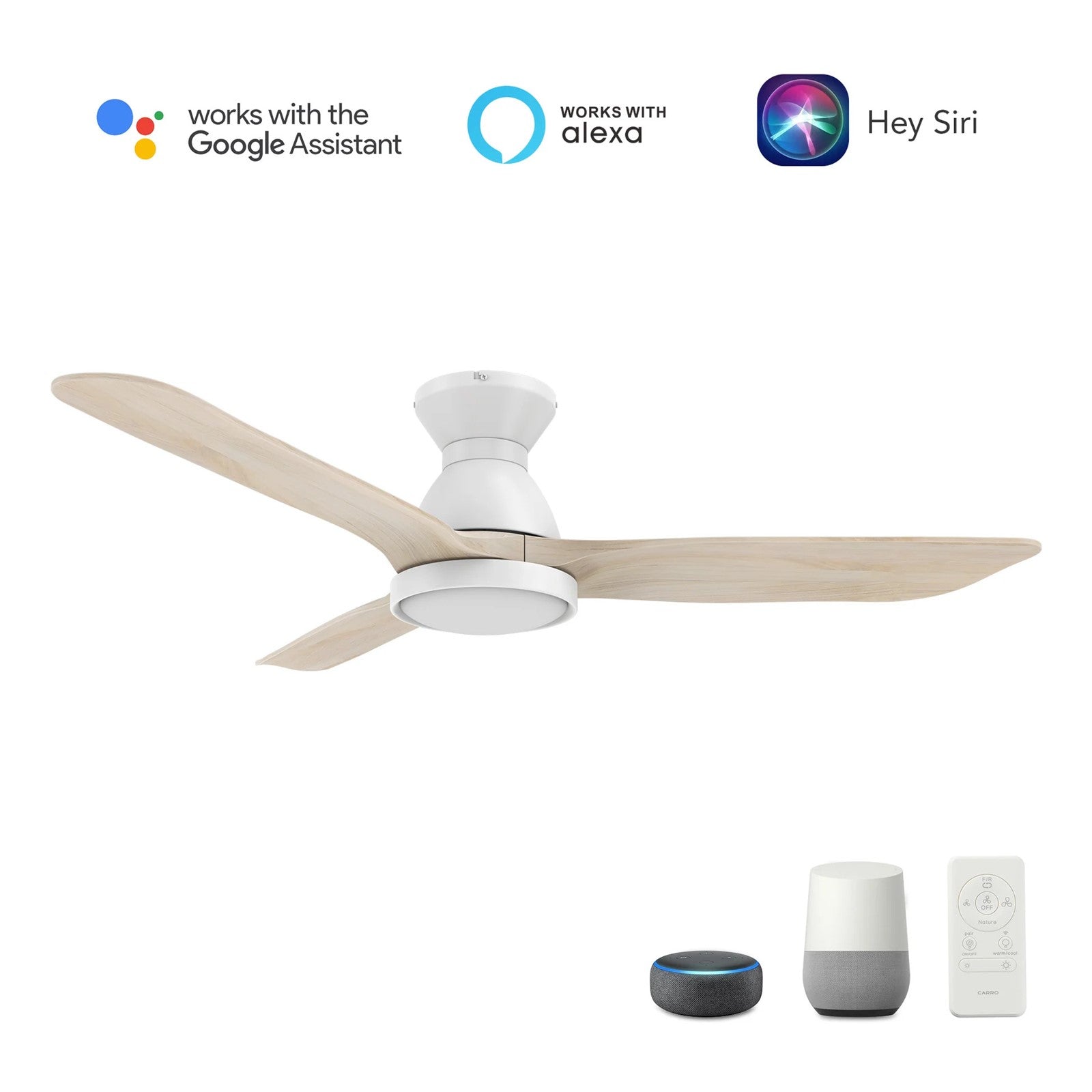 Carro Garrick 52in 3-Blade Flush Mount Smart Ceiling Fan | White Solid Wood Blades and Integrated LED | Living Room & | Model SFR523F3-L12-WM1-1-FM