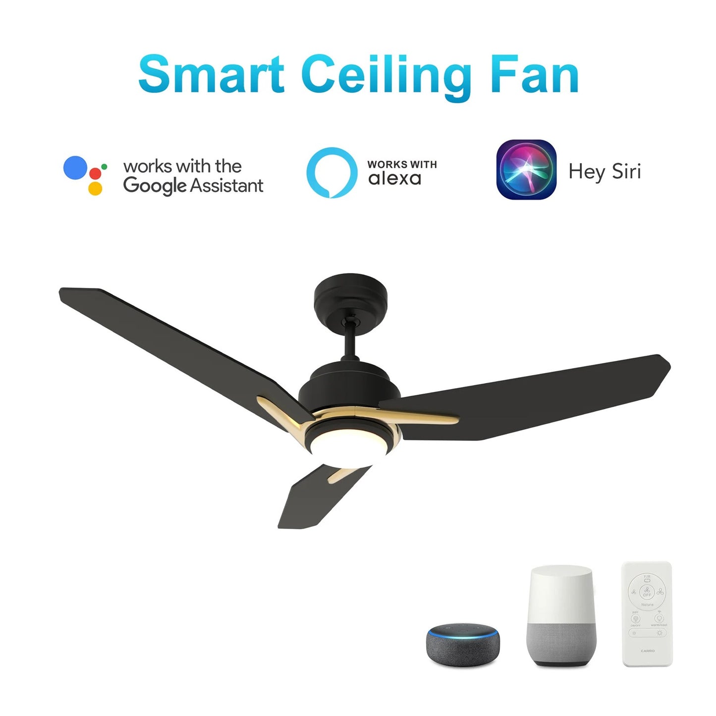 Carro Calen 52in 3-Blade Smart Ceiling Fan | Modern Black Gold Finish and Plywood Blades with Integrated LED | Living Room & | Model SFR523J3-L11-B2-1G