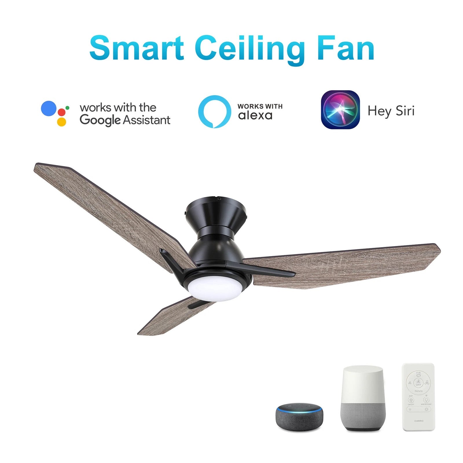 Carro Calen 52in 3-Blade Flush Mount Smart Ceiling Fan | Modern Black Barnwood Finish and Plywood Blades with Integrated LED | Model SFR523J3-L11-BS-1-FM