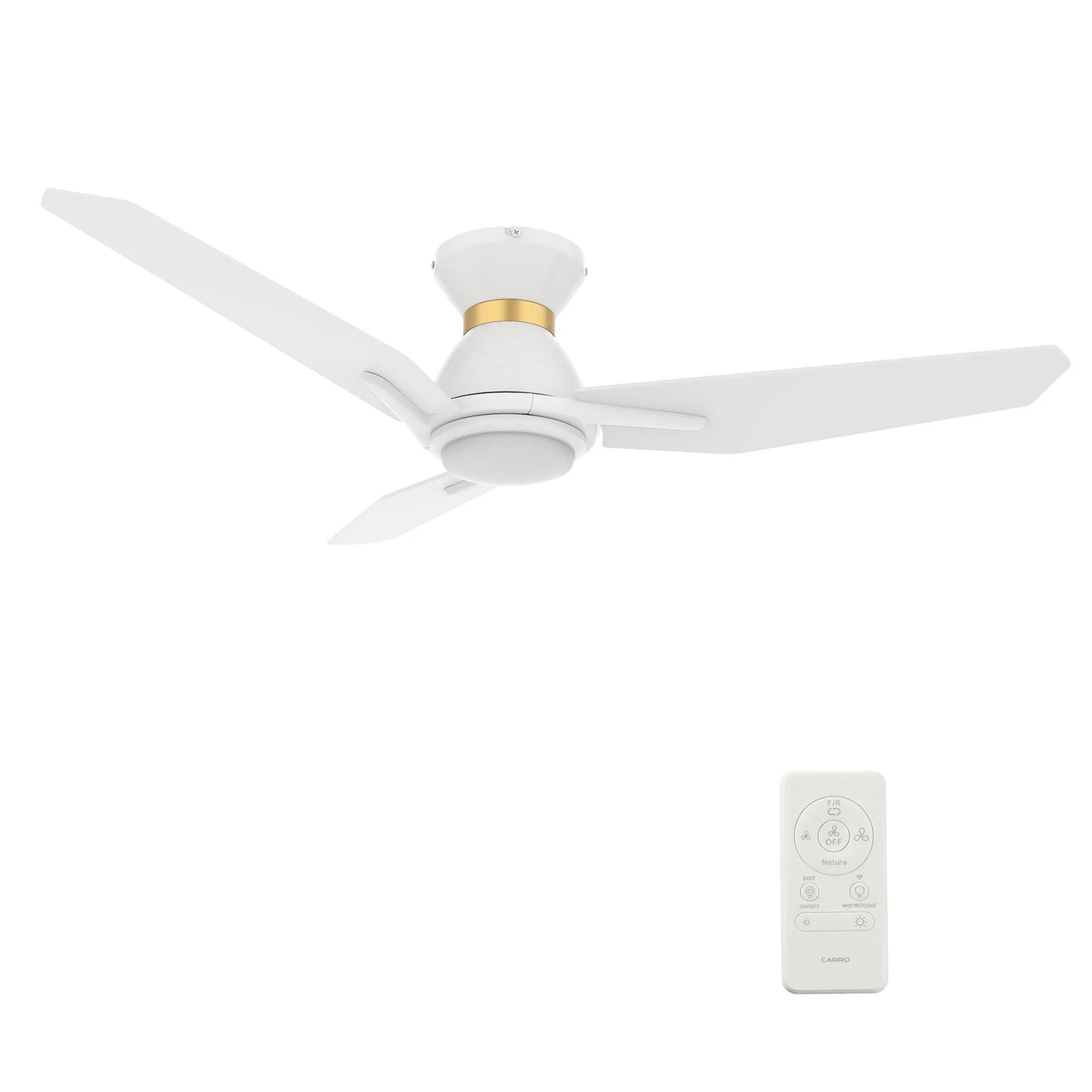 Carro Calen 52in 3-Blade Flush Mount Smart Ceiling Fan | Modern White Gold Plywood and White Gold Finish | Living Room & | Model SFR523J3-L11-W1-1-FMA