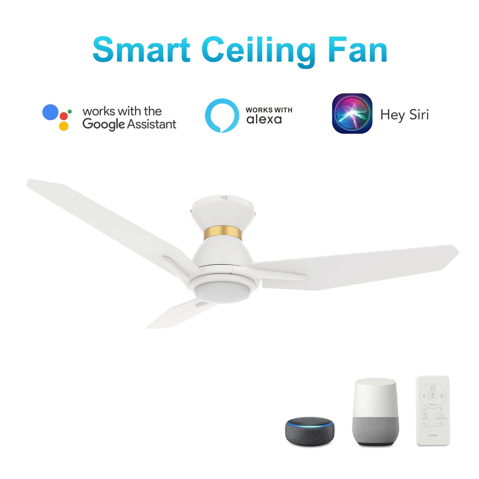 Carro Calen 52in 3-Blade Flush Mount Smart Ceiling Fan | Modern White Gold Plywood and White Gold Finish | Living Room & | Model SFR523J3-L11-W1-1-FMA