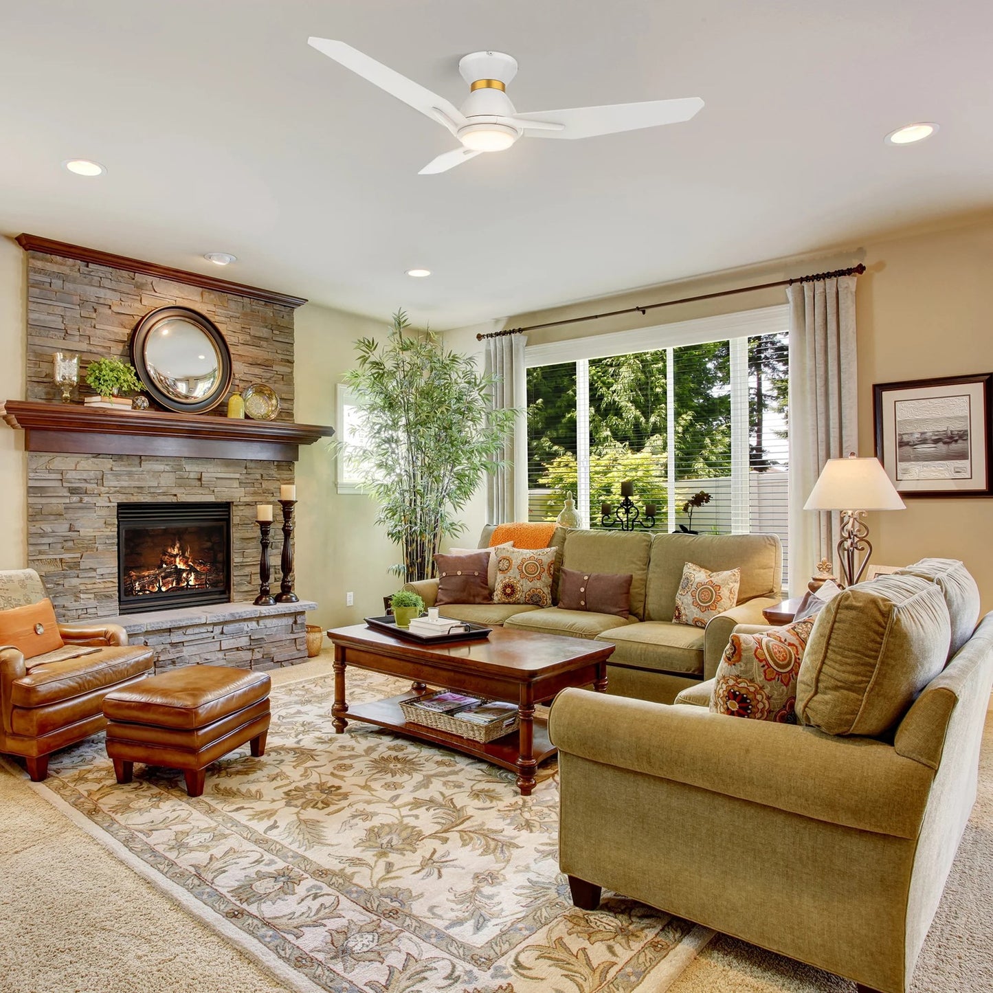 Carro Calen 52in 3-Blade Flush Mount Smart Ceiling Fan | Modern White Gold Plywood and White Gold Finish | Living Room & | Model SFR523J3-L11-W1-1-FMA