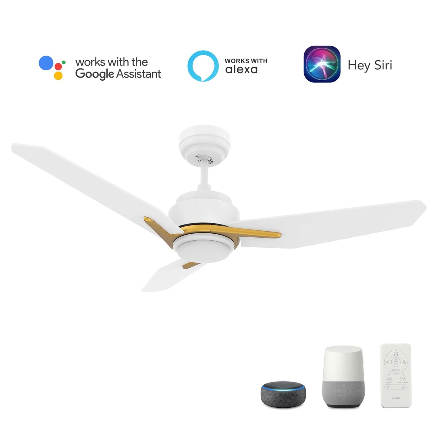 Carro Calen 52in 3-Blade Smart Ceiling Fan | Modern White Gold Plywood and White Gold Finish | Living Room & Bedroom | 13.2 x | Model SFR523J3-L11-W1-1G