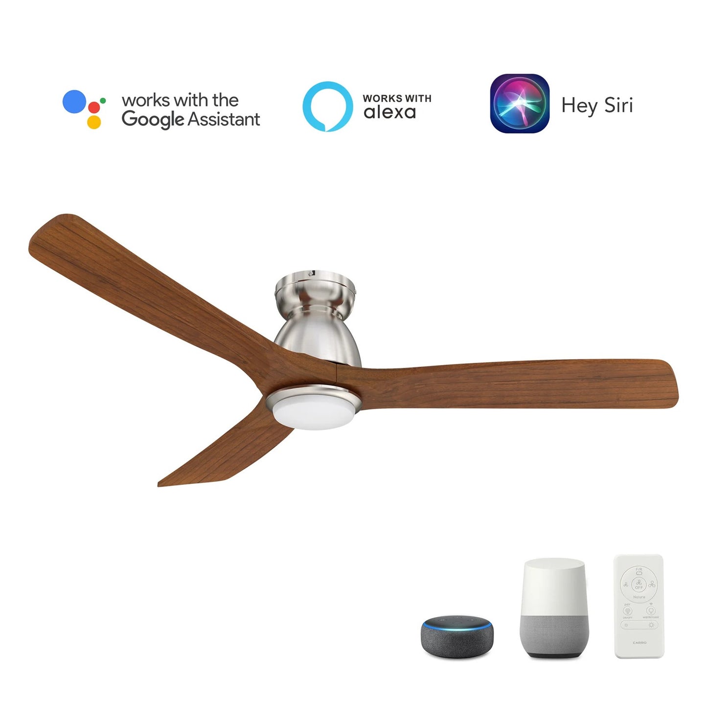 Carro Akron 52in Flush Mount Smart Ceiling Fan with LED Light | Brushed Silver Solid Wood Blades | Living Room & Covered | Model SFR523N3-L11-SM2-1-FM