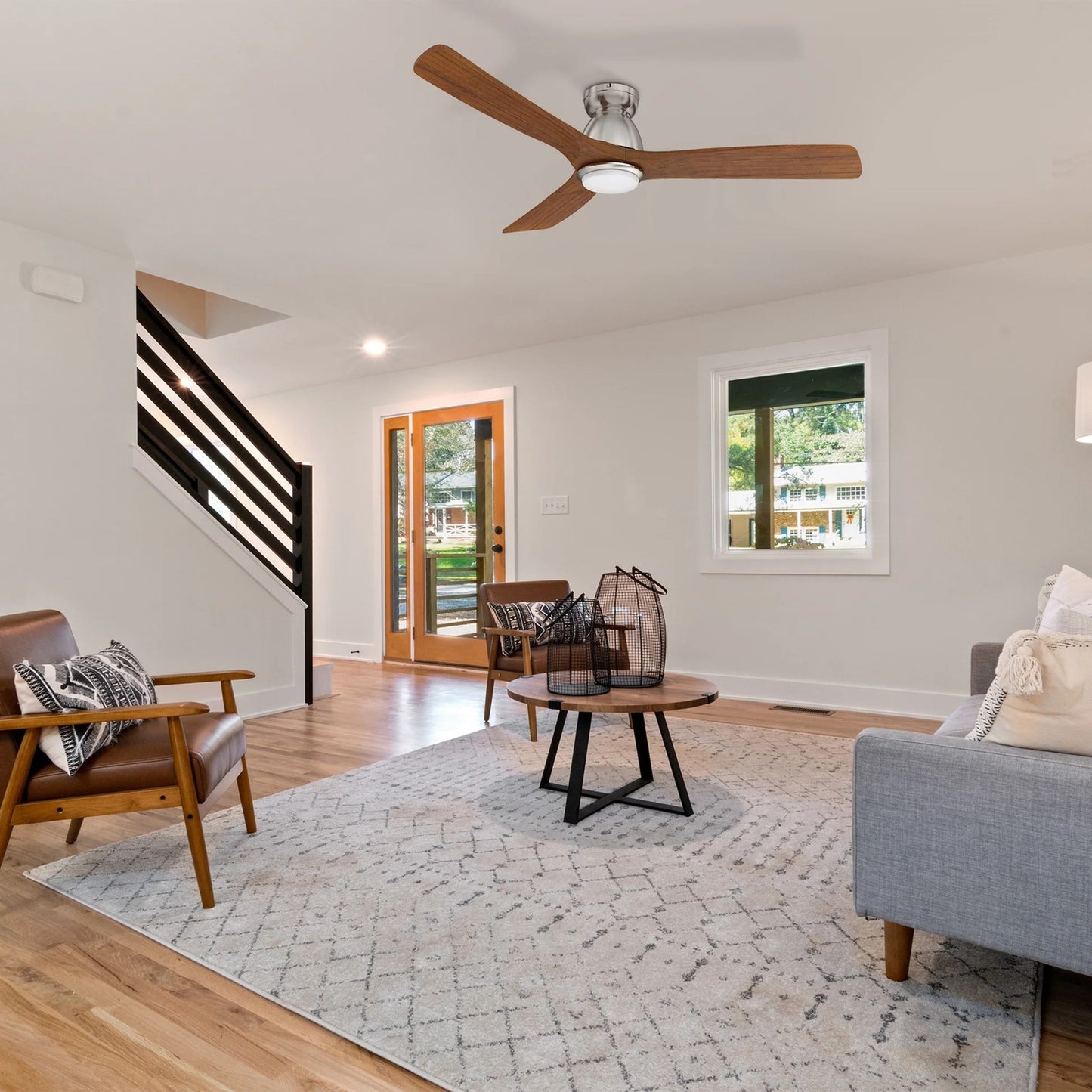 Carro Akron 52in Flush Mount Smart Ceiling Fan with LED Light | Brushed Silver Solid Wood Blades | Living Room & Covered | Model SFR523N3-L11-SM2-1-FM