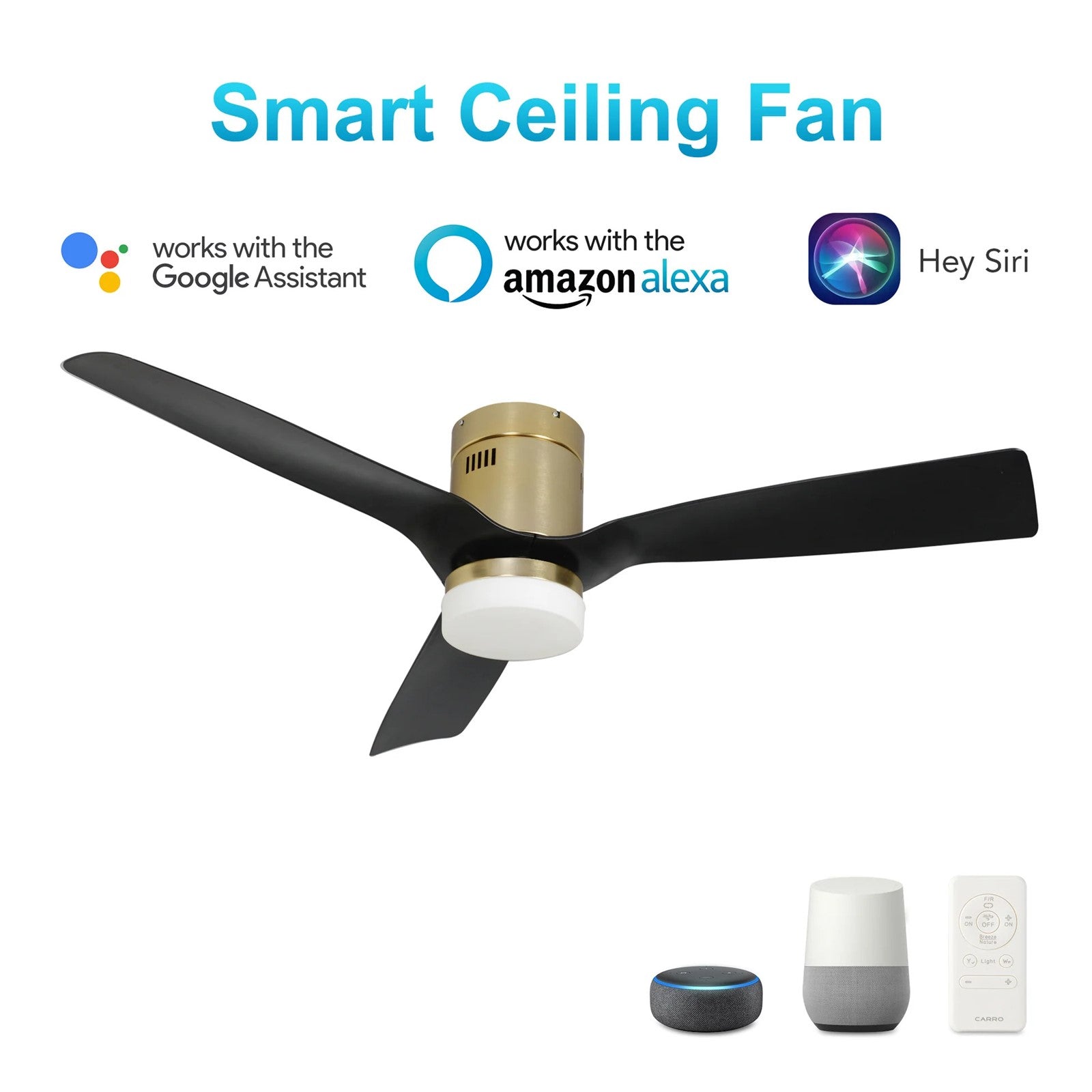 Carro Spezia 52in 3-Blade Flush Smart Ceiling Fan | Modern Gold and Glass Fiber Reinforced Polypropylene | Living Room & | Model SFR523P-L12-G2-1-FM