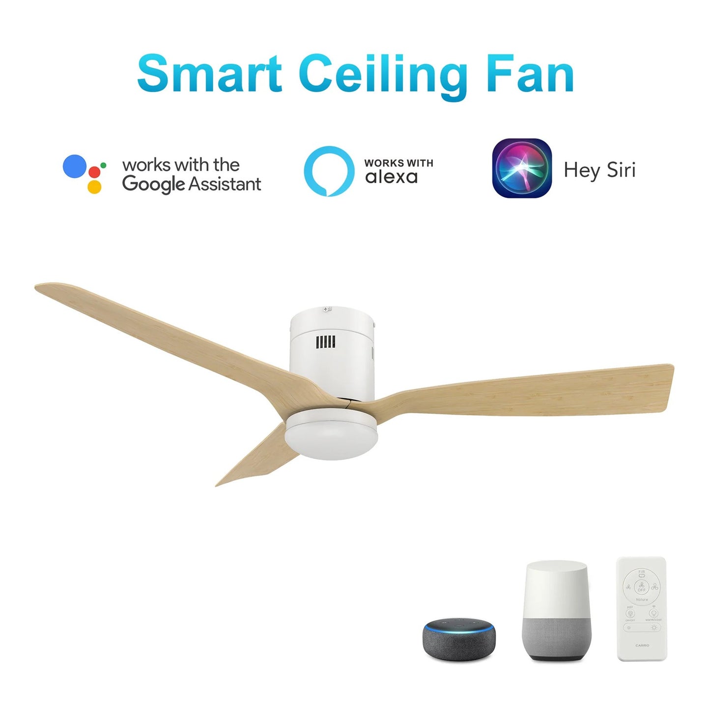Carro Spezia 52in 3-Blade Flush Smart Ceiling Fan | Modern White Bamboo and Bamboo Wood | Living Room & Covered Patio | 52 x | Model SFR523P-L22-WQ-1-FM