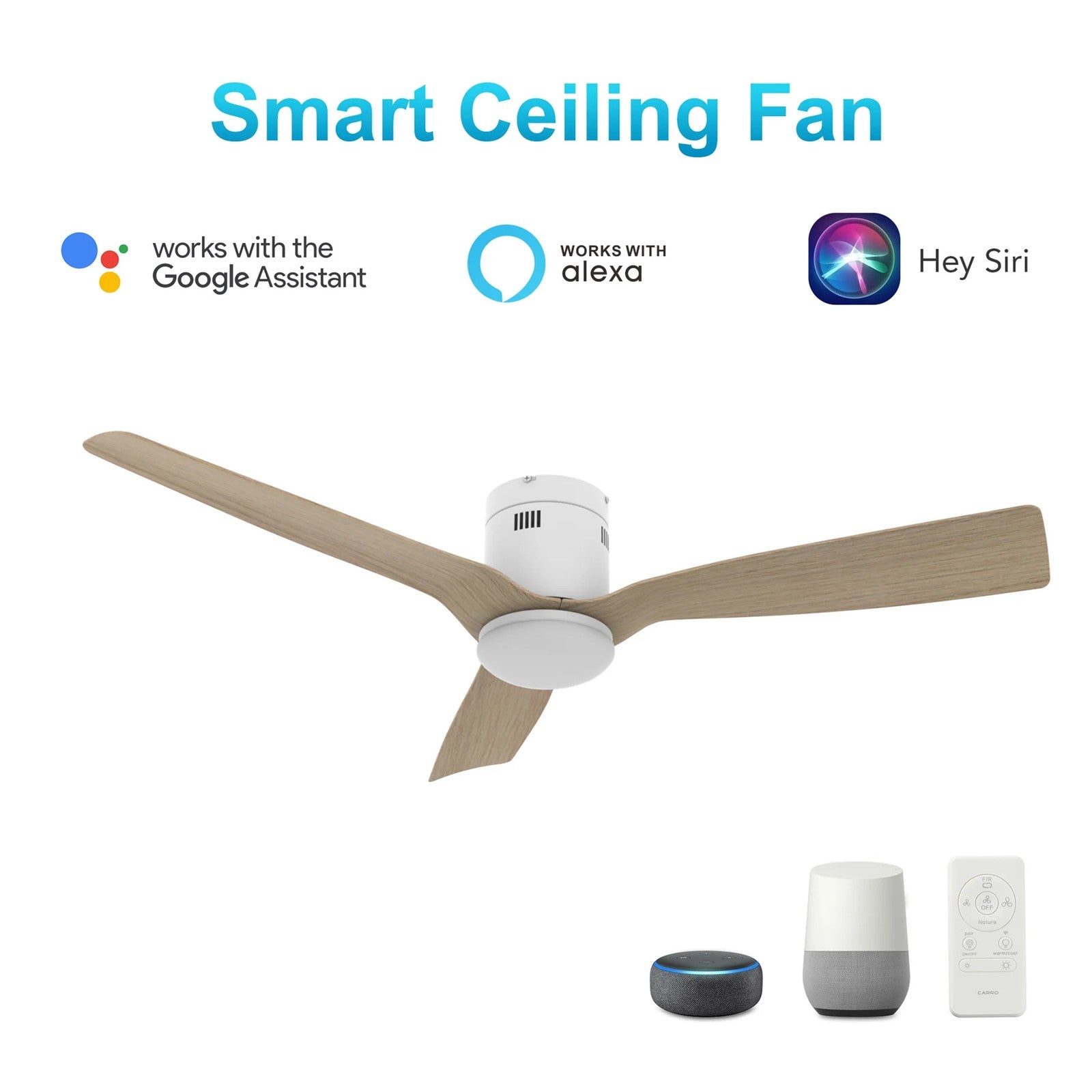 Carro Spezia 52in 3-Blade Flush Smart Ceiling Fan | Modern White Wooden and Bamboo Wood | Living Room & Covered Patio | 52 x | Model SFR523P-L22-WR-1-FM