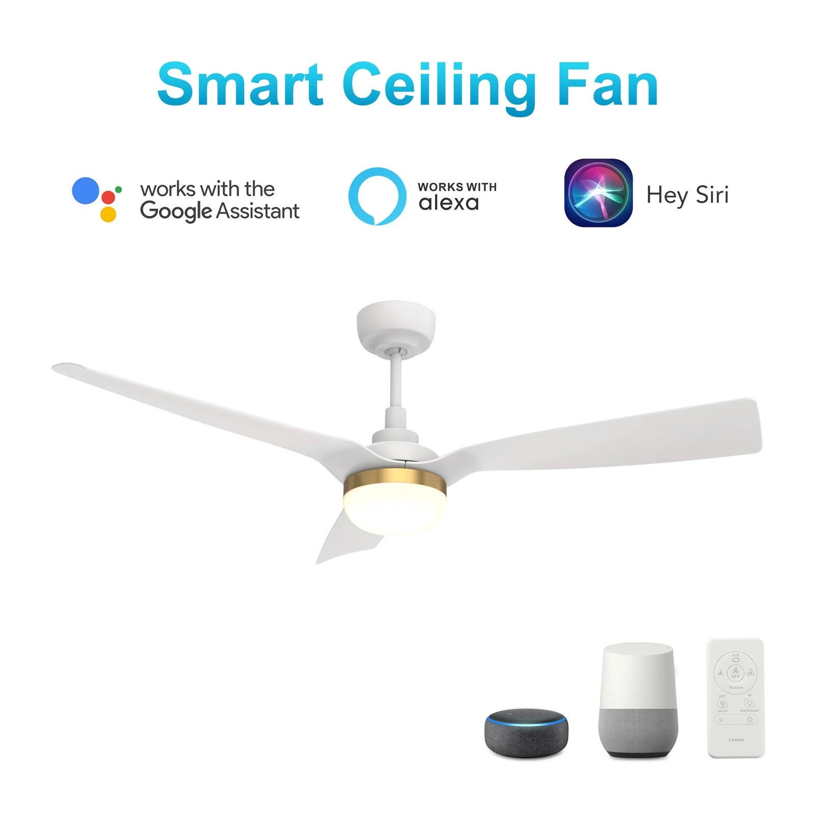 Carro Spezia 52in 3-Blade Smart Ceiling Fan | Modern White ABS Blades | Living Room & Bedroom | 52 x 52 x 11.5 in | Model SFR523P2-L22-W1-1A