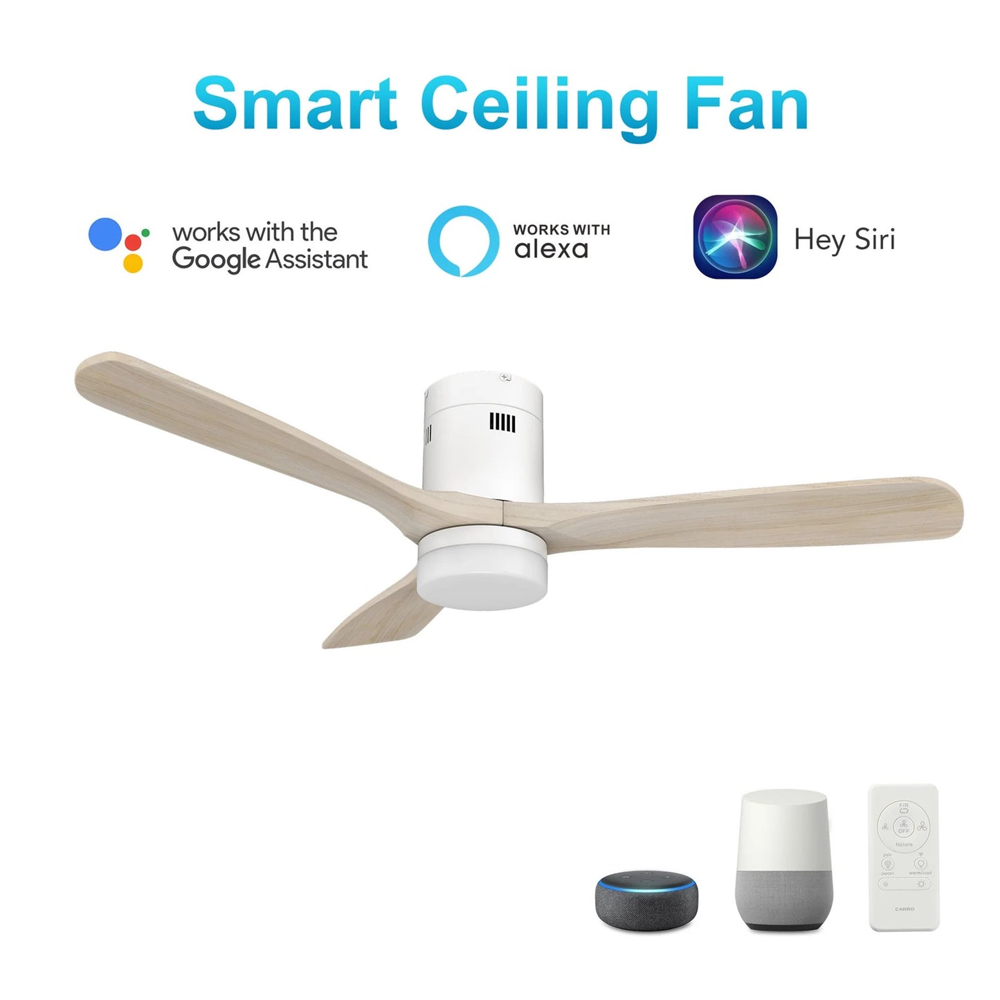 Carro Labelle 52in 3-Blade Smart Ceiling Fan | Modern White Solid Wood Blades | Living Room & Bedroom | 52 x 52 x 11.8 in | Model SFR523P3-L12-WM1-1-FM