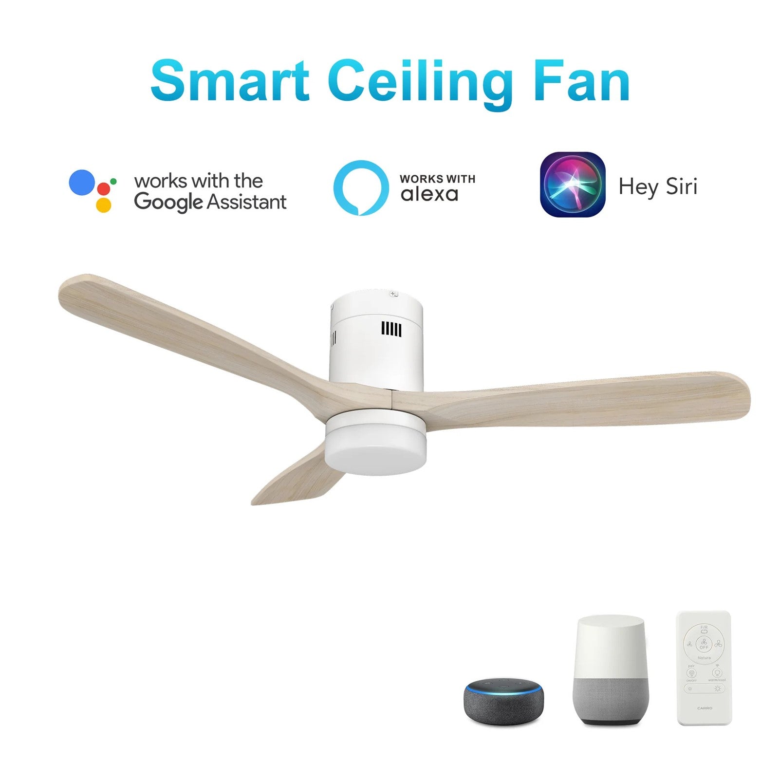 Carro Labelle 52in 3-Blade Smart Ceiling Fan | Modern White Solid Wood Blades | Living Room & Bedroom | 52 x 52 x 11.8 in | Model SFR523P3-L12-WM1-1-FM