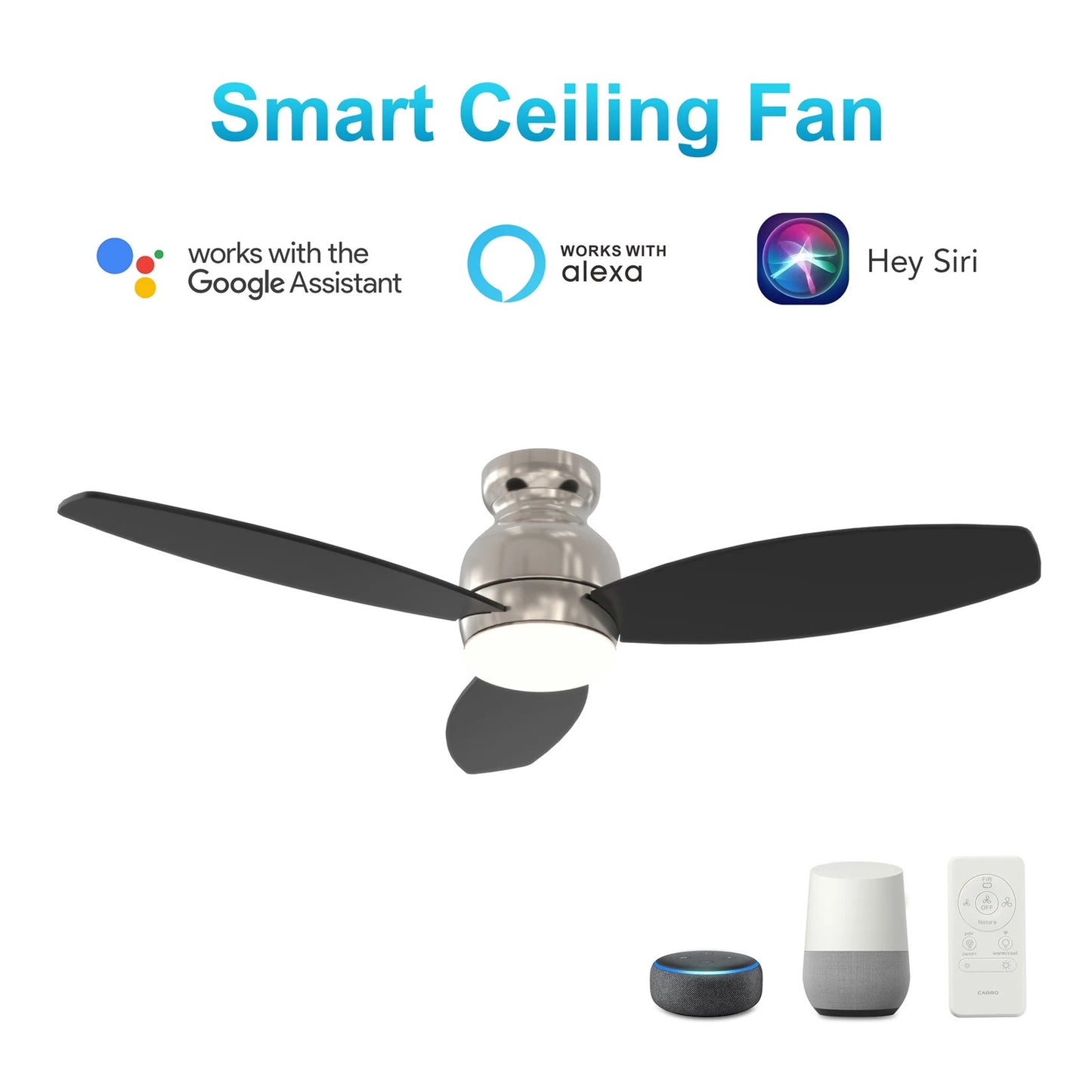 Carro Trento 52in 3-Blade Flush Ceiling Fan | Brushed Nickel Motor and Black Plywood Blades | Living Room, Bedroom & Covered | Model SFR523Q-L12-S2-1-FM