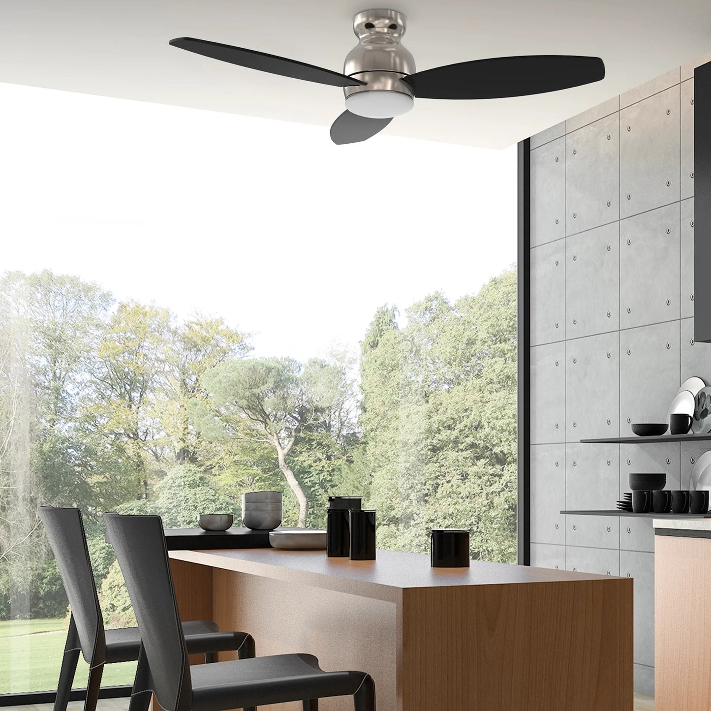 Carro Trento 52in 3-Blade Flush Ceiling Fan | Brushed Nickel Motor and Black Plywood Blades | Living Room, Bedroom & Covered | Model SFR523Q-L12-S2-1-FM